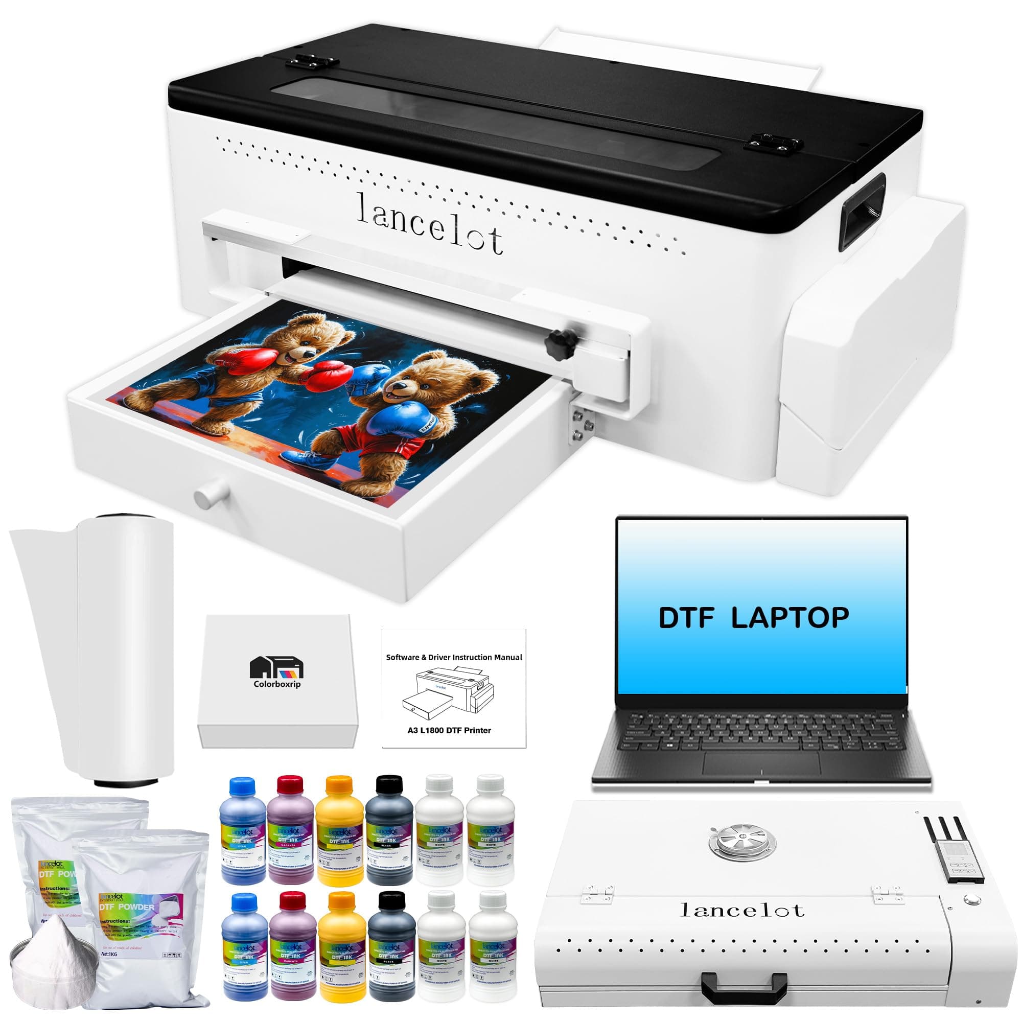 Lancelot A3 l1800 DTF Transfer Printing Machine with Roll Feeder, White Ink Circulation and Easy Operation,DTF Printer Bundle for Dark and Light Clothing (Printer+Oven+Laptop+consumable)