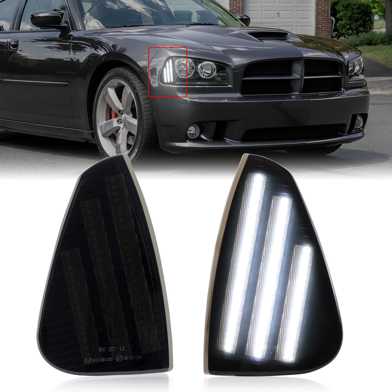 White Front Bumper LED Side Marker Lights Assembly for 2006-2010 Dodge Charger Daytona RT SE SRT8 SXT, Smoked Lens Driver Passenger Corner Signal Lamps