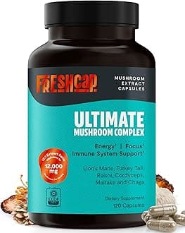 FreshCap Mushrooms Ultimate Mushroom Supplement 12,000mg - Nootropic Mushroom Complex Capsules, Organic Supplement, Brain Supplements for Memory and Focus Ayurveda (120 Capsules)USDA Organic