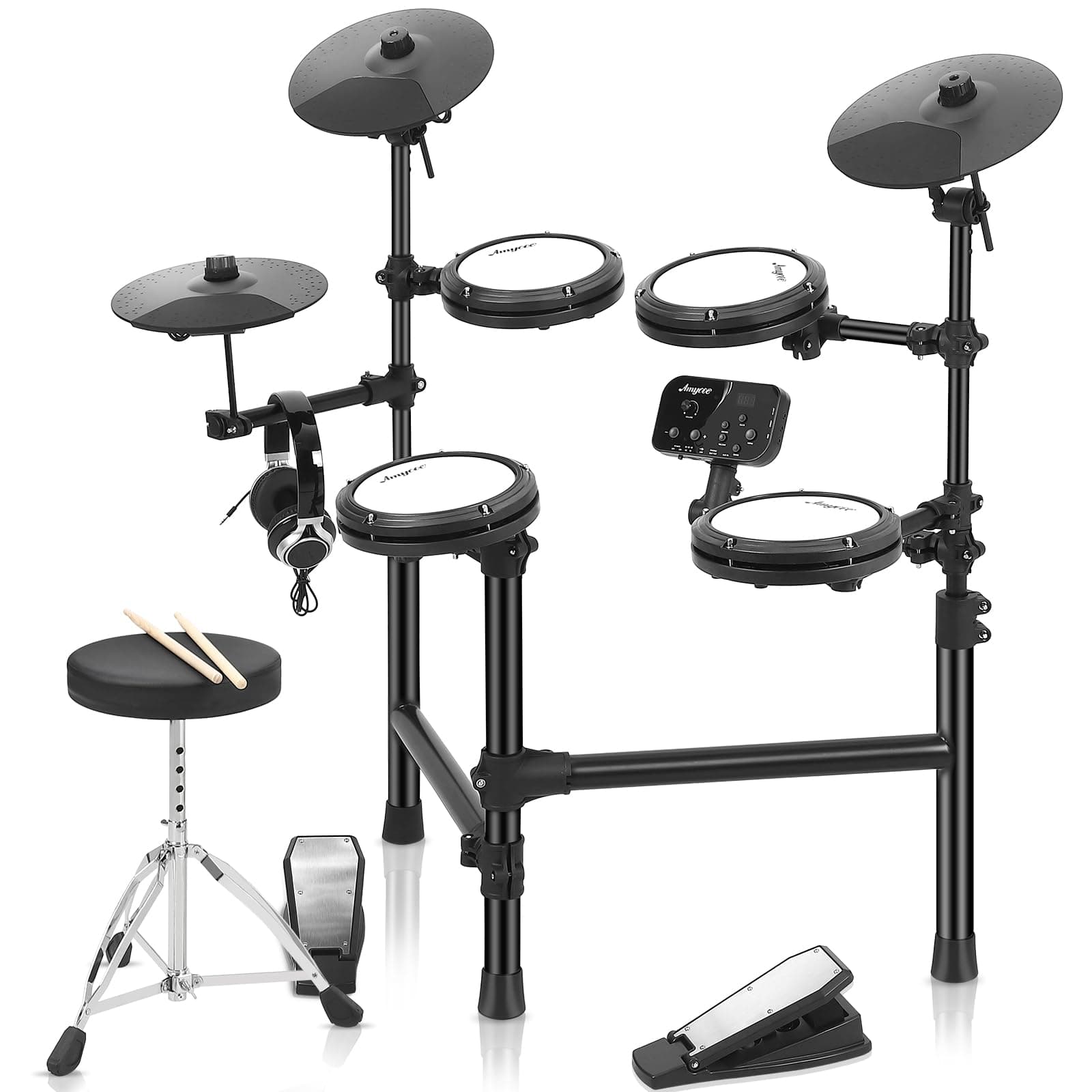 GAOMON Electronic Drum Set, 4 Quiet Mesh Drum Pads, 150 Sounds, 2 Switch Pedal, Drum Throne, Drumsticks, Headphones, Electric Drum Set for Beginner