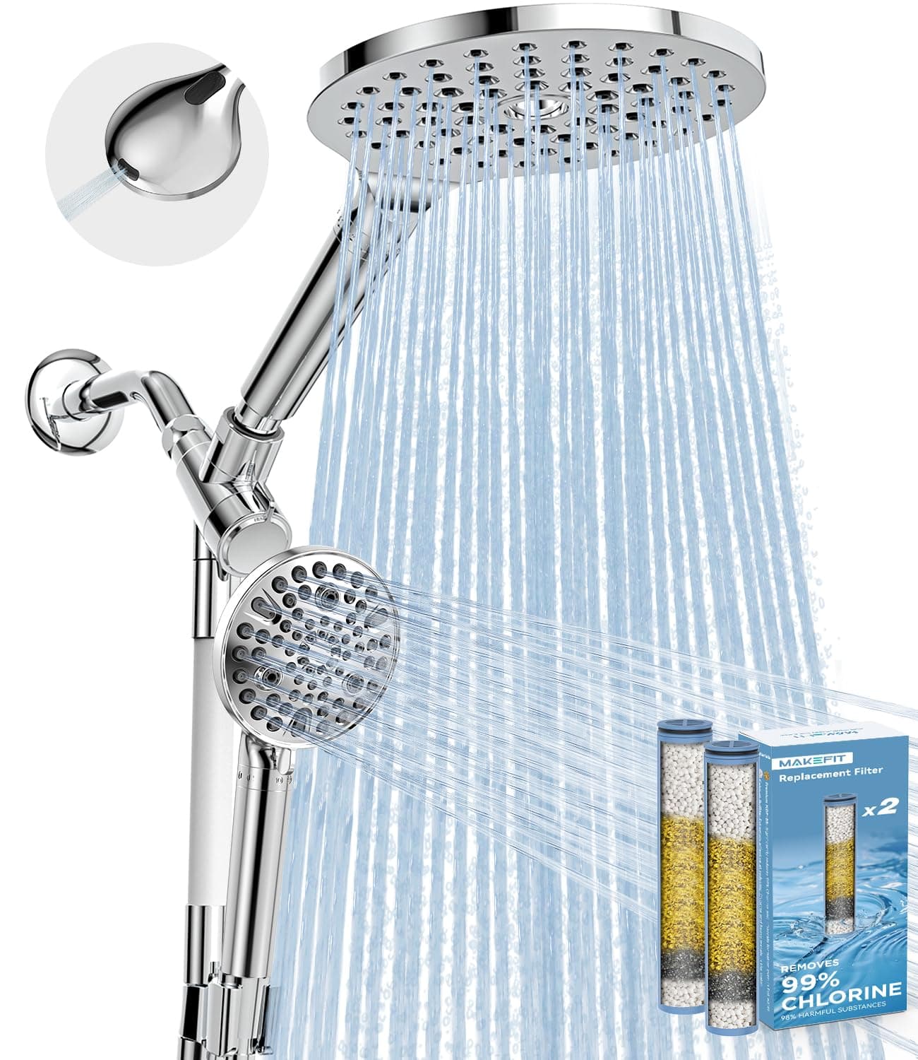 Dual Filtered Rain Shower Head Combo, Handheld Shower Head with Adjustable Bar - Rainfall Shower Head And Showerhead with Filter for Hard Water - Removes Chlorine