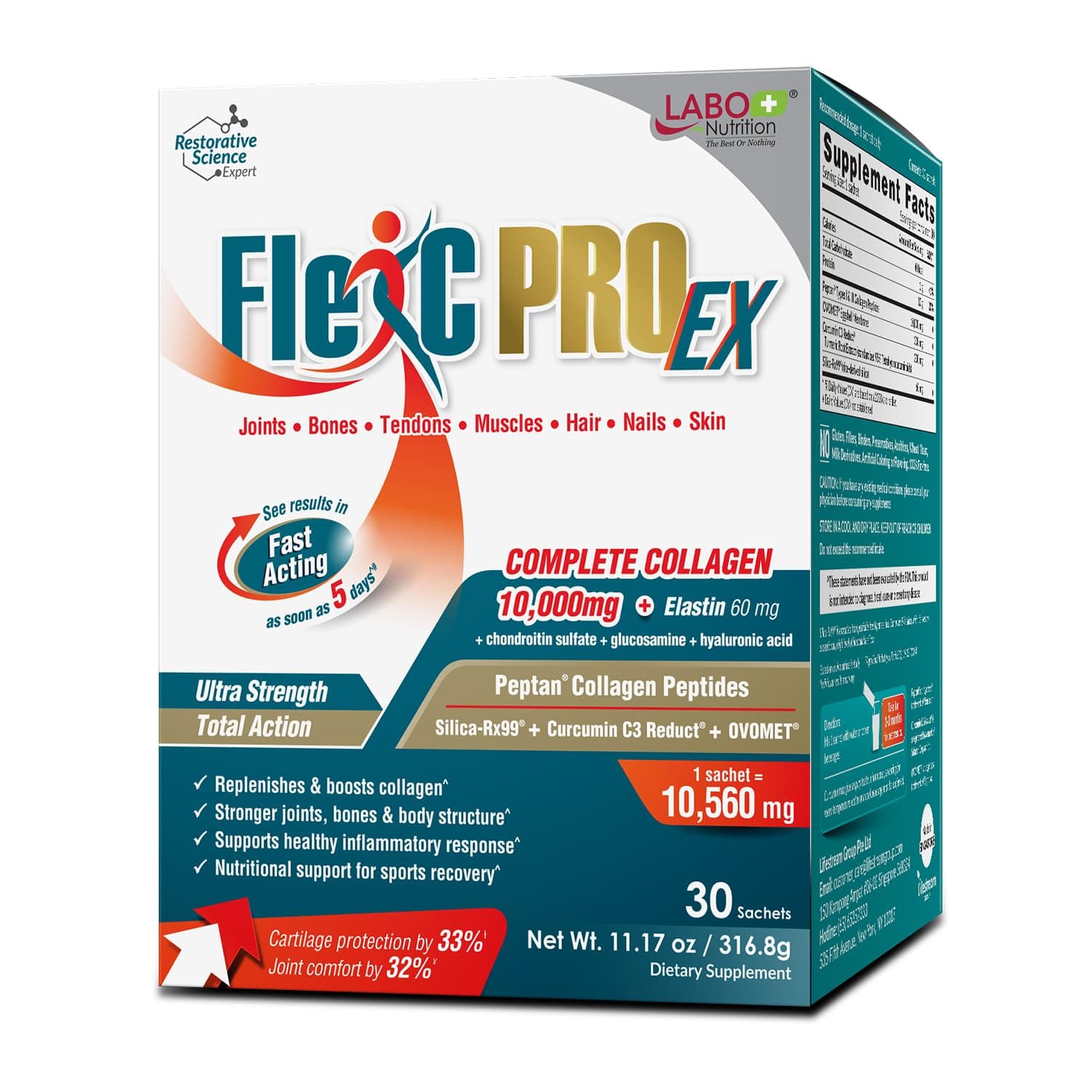 FlexC PRO EX with Peptan Type I, II & III Collagen Peptide, Organic Water Soluble Silica and Curcumin C3 Reduct, for Joint, Bones, Muscles, Nails, Skin Health, Unflavored, No Additives