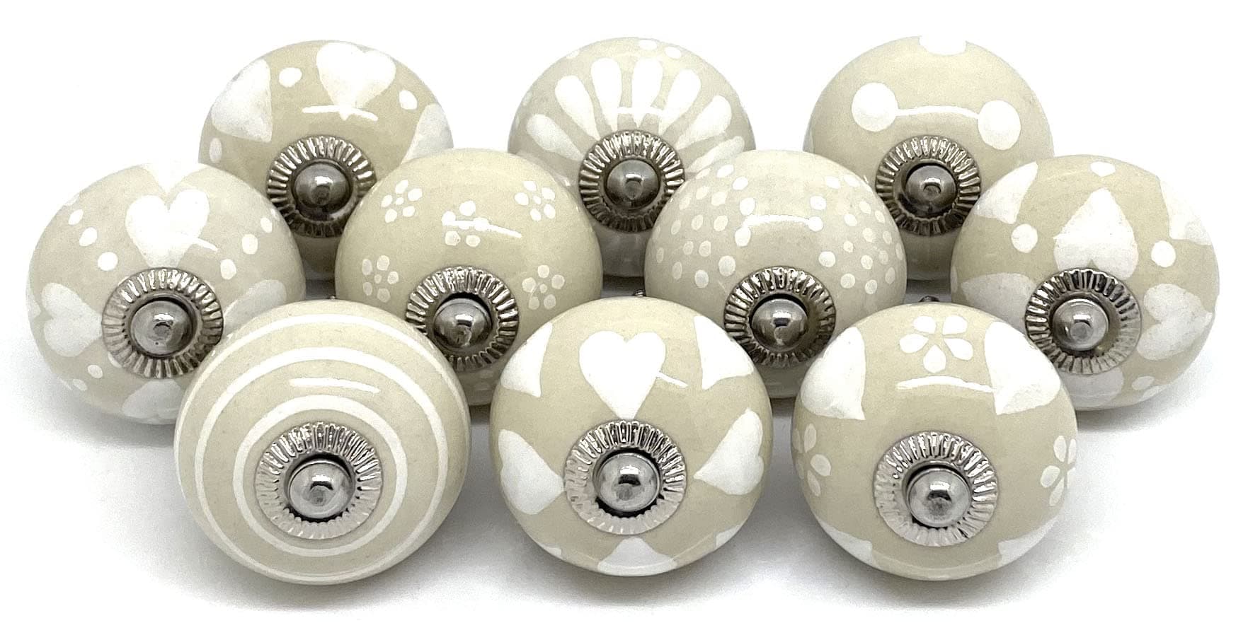Set of 10 Cream and White Ceramic Door Knobs by These Please Ltd FP32