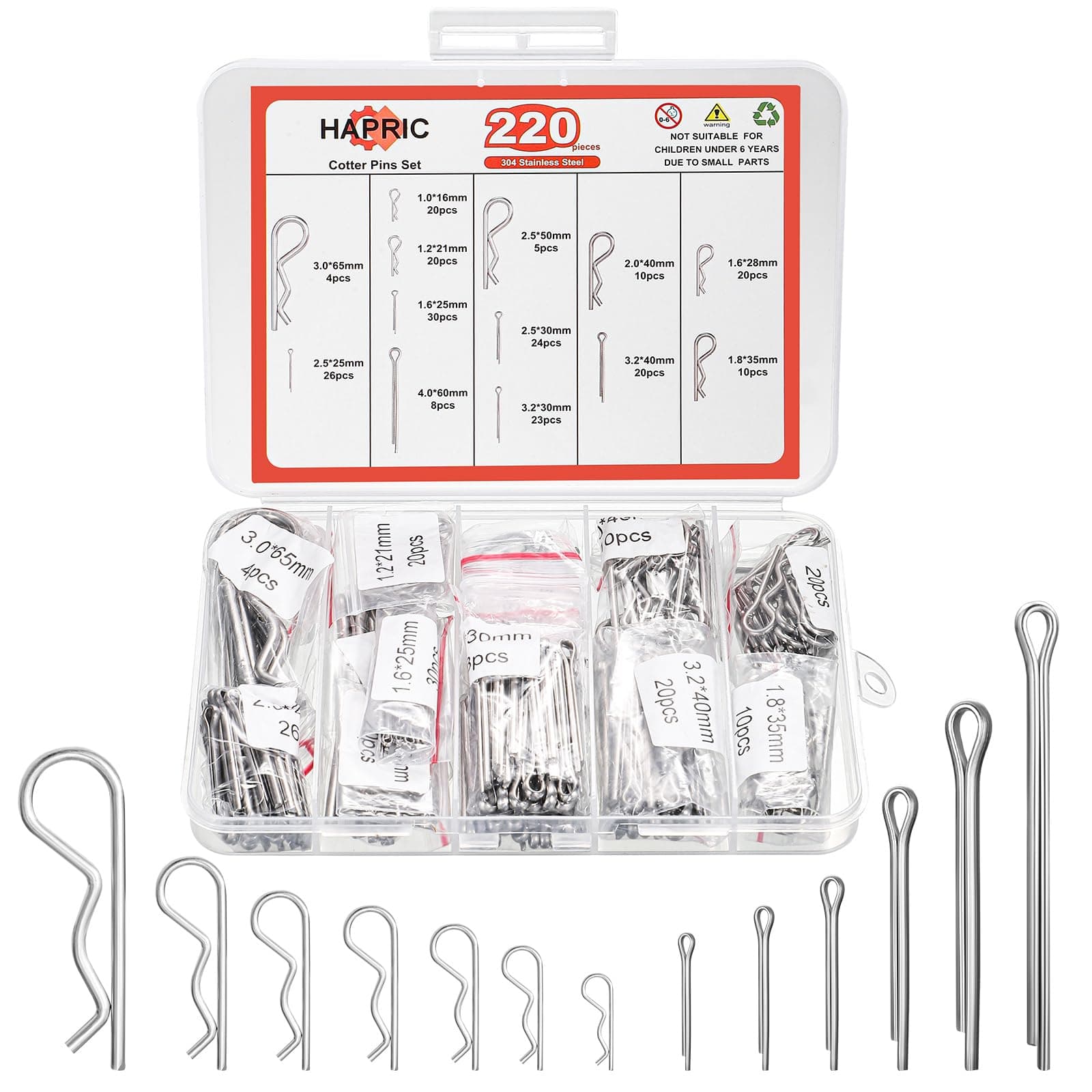 220 Pcs 13 Size Hardware Pins Cotter Pin Assortment Kit 304 Stainless Steel R Clips Hardware Pins & Hairpin Cotter Pins Set for Trucks, Engine Repair