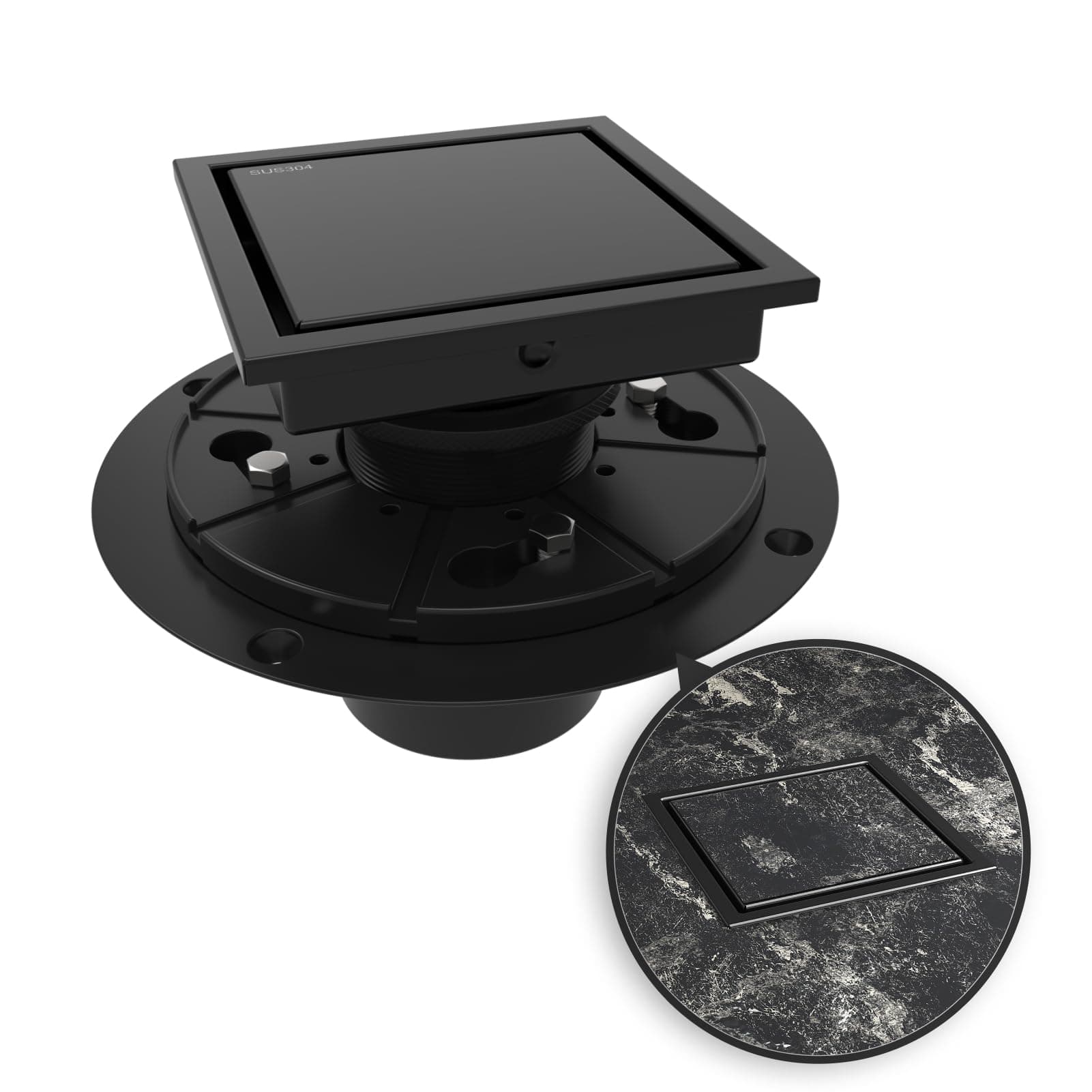 WEBANG 4 Inch Square Shower Drain Black Floor Drain with Flange Reversible 2-in-1 Cover Tile Insert Grate Removable SUS304 Stainless Steel CUPC Certified Matte Black