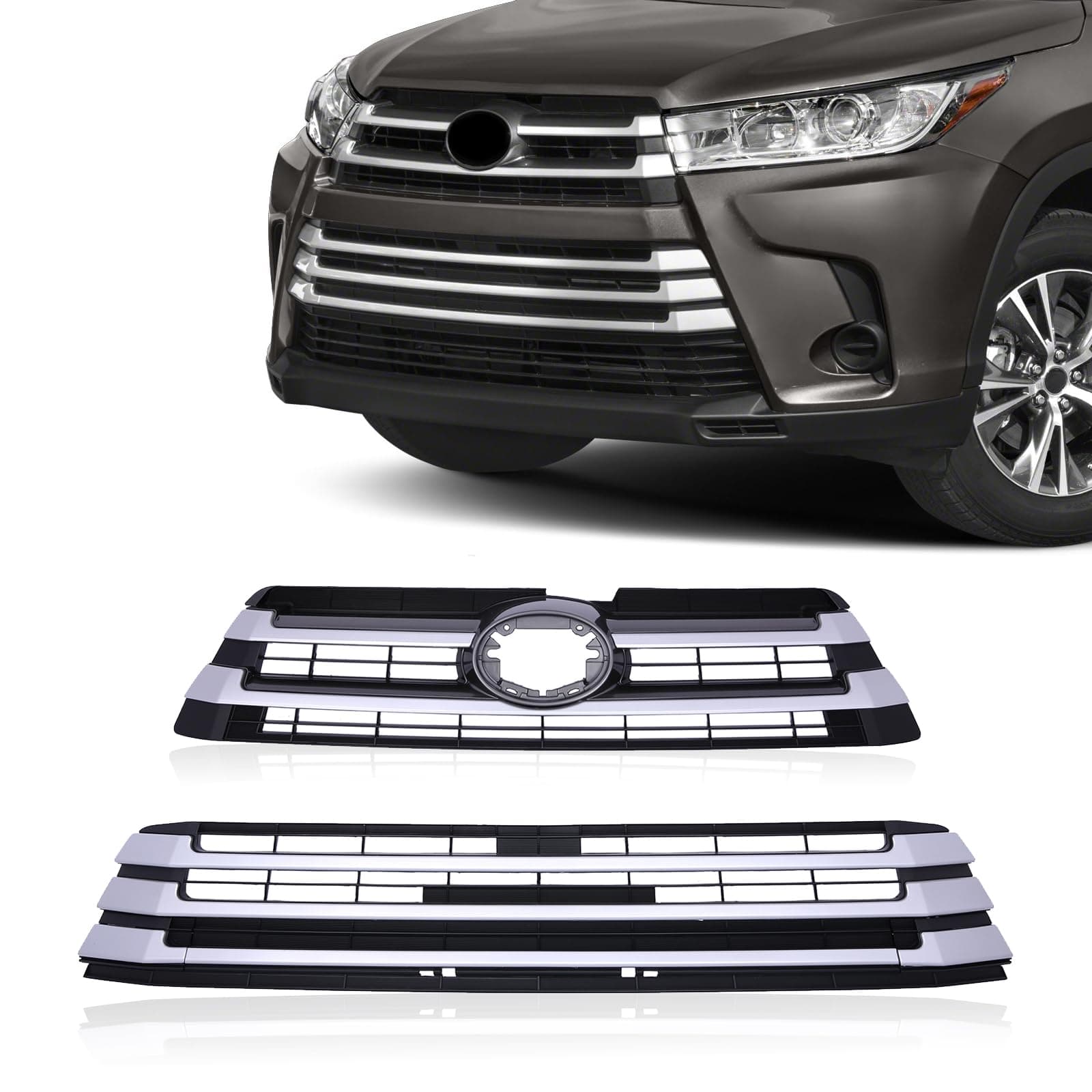 KARPAL Front Bumper Grille Upper + Lower Sliver Black Compatible With 2017-2019 Toyota Highlander Replacement for TO1200425 TO1036174