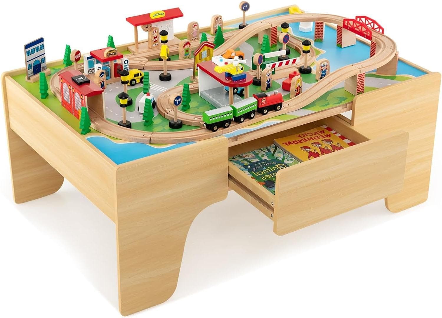 Train Table, 3-in-1 Wooden Train Set Table w/Reversible 84 PCS Track Train Toys, Table Map & Storage Drawer for Building, Playing, Studying, Kids Activity Table for Toddlers Aged 18 M+