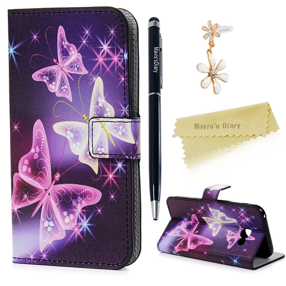 Galaxy A3 2017 Case Mavis's Diary Wallet Flip PU Leather Case Shockproof with Soft TPU Case Stand Protective Magnetic Cover for Samsung Galaxy A3 2017 with Dust Plug &Stylus Purple Butterfly