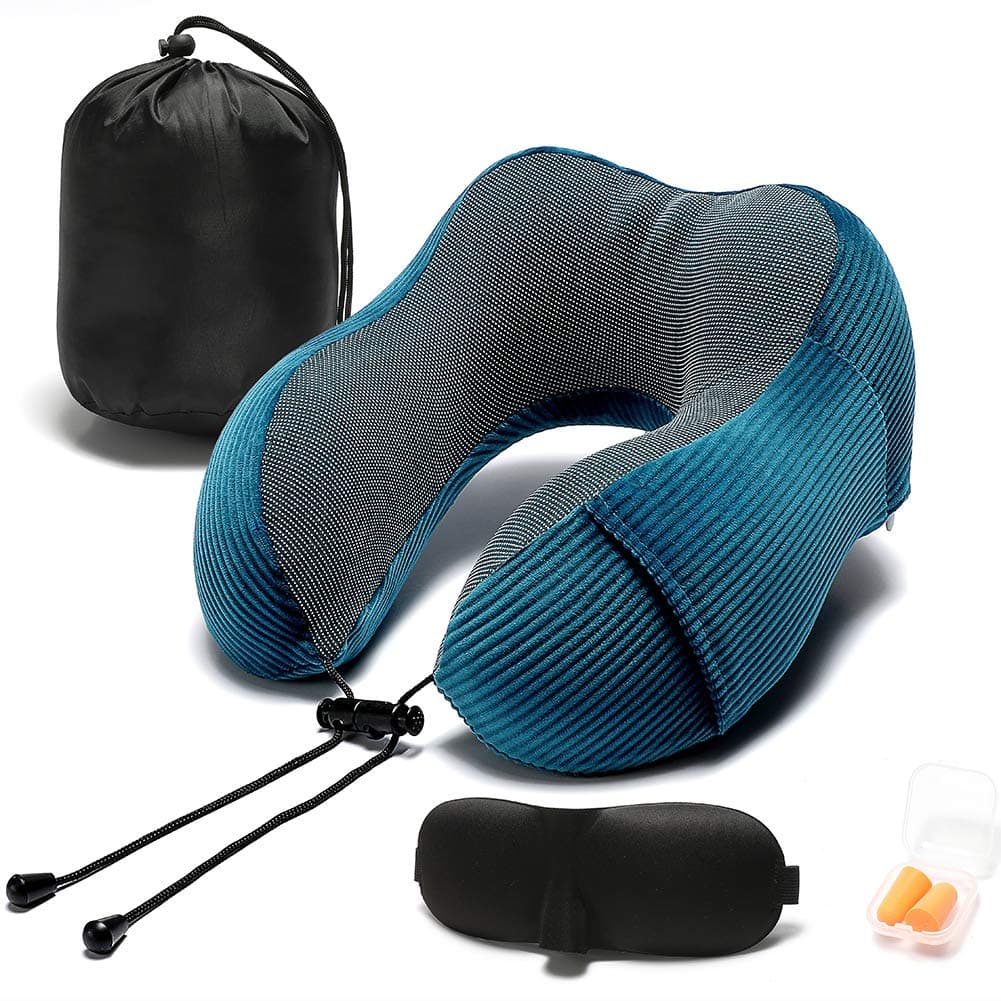 Memory Foam Neck Pillow with 360-Degree Head Support Lightweight Comfortable Travel Airplane Pillow with Storage Bag for Sleeping, Traveling,Car, Train, Bus and Home Use(Blue)