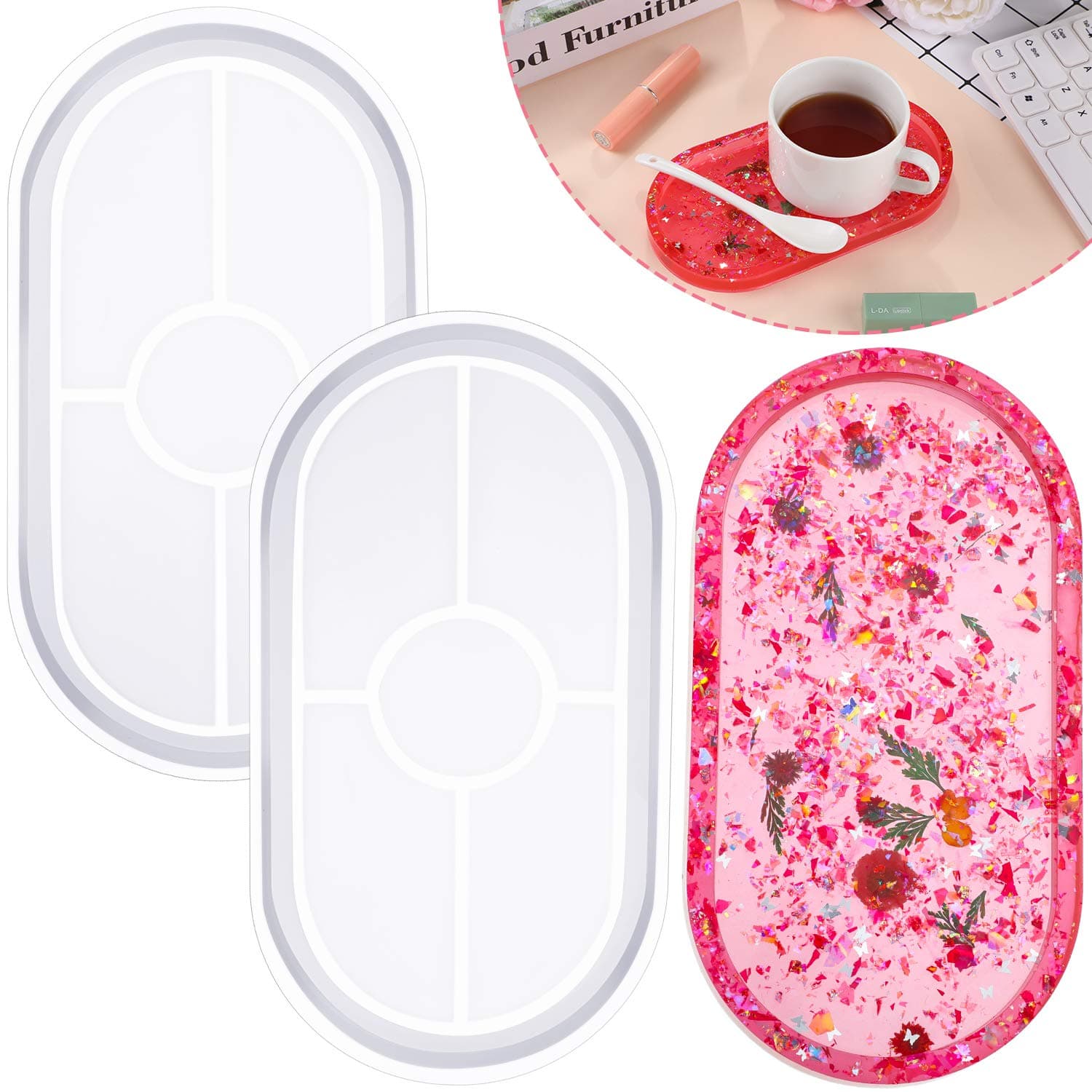 WILLBOND 7'' Oval Resin Tray Mold Silicone Resin Epoxy Casting with Edges Creative Jewelry Making Mold Holder Container Plates for DIY Craft Office Home Decor Supplies(2 Pcs)