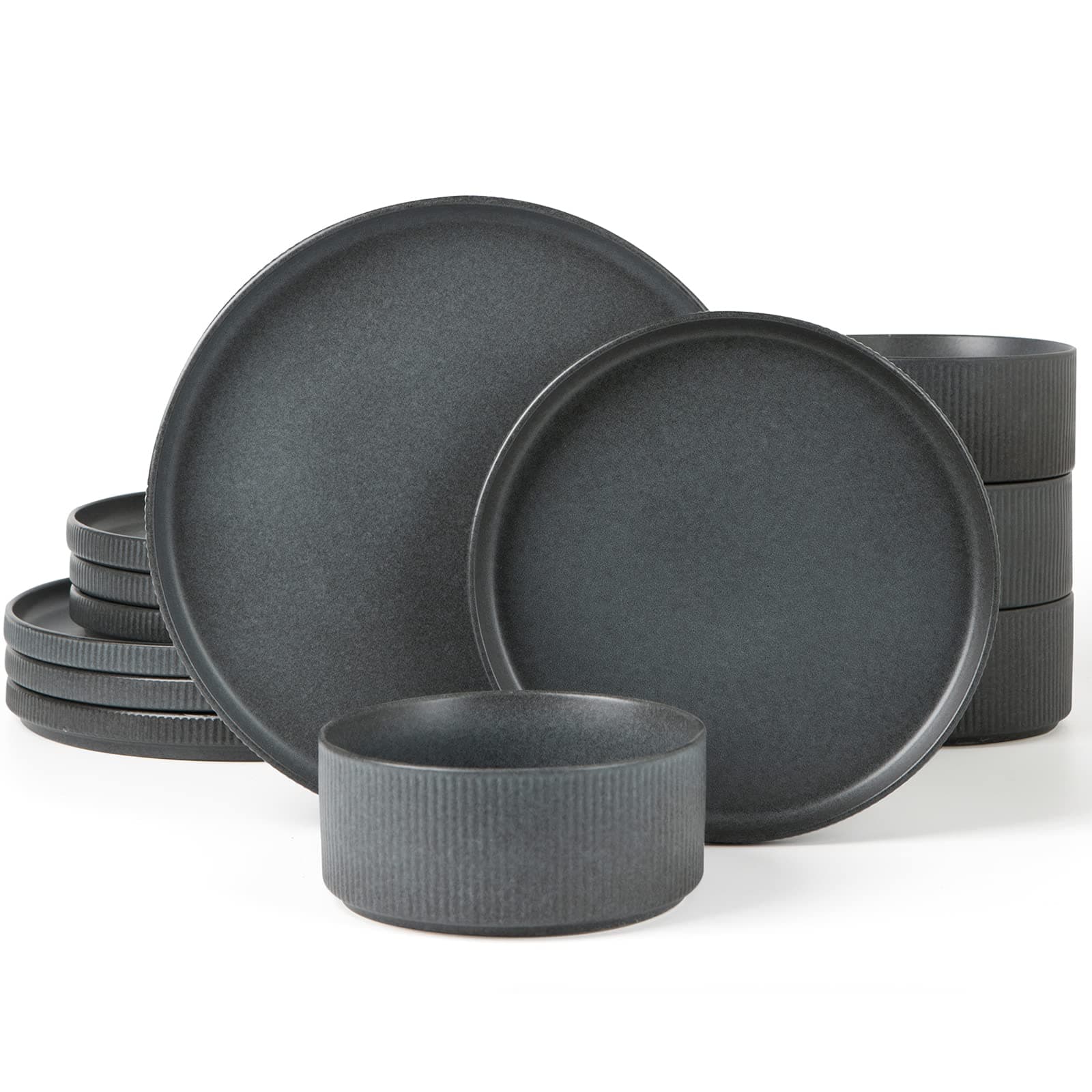 famiware Star Dinnerware Sets, Plates and Bowls Set for 4, 12 Pieces Ribbed Dishes - Chip and Scratch Resistant, Microwave and Dishwasher Safe Tableware, Matte Dark Charcoal