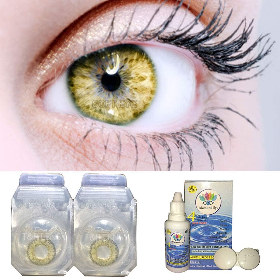 Iconic Eye Monthly Colored Lenses with Zero Power (Hazel, 2 Lenses) + Multi Plus Solution, 30ml with Lens Storage Box - By T&R Lens
