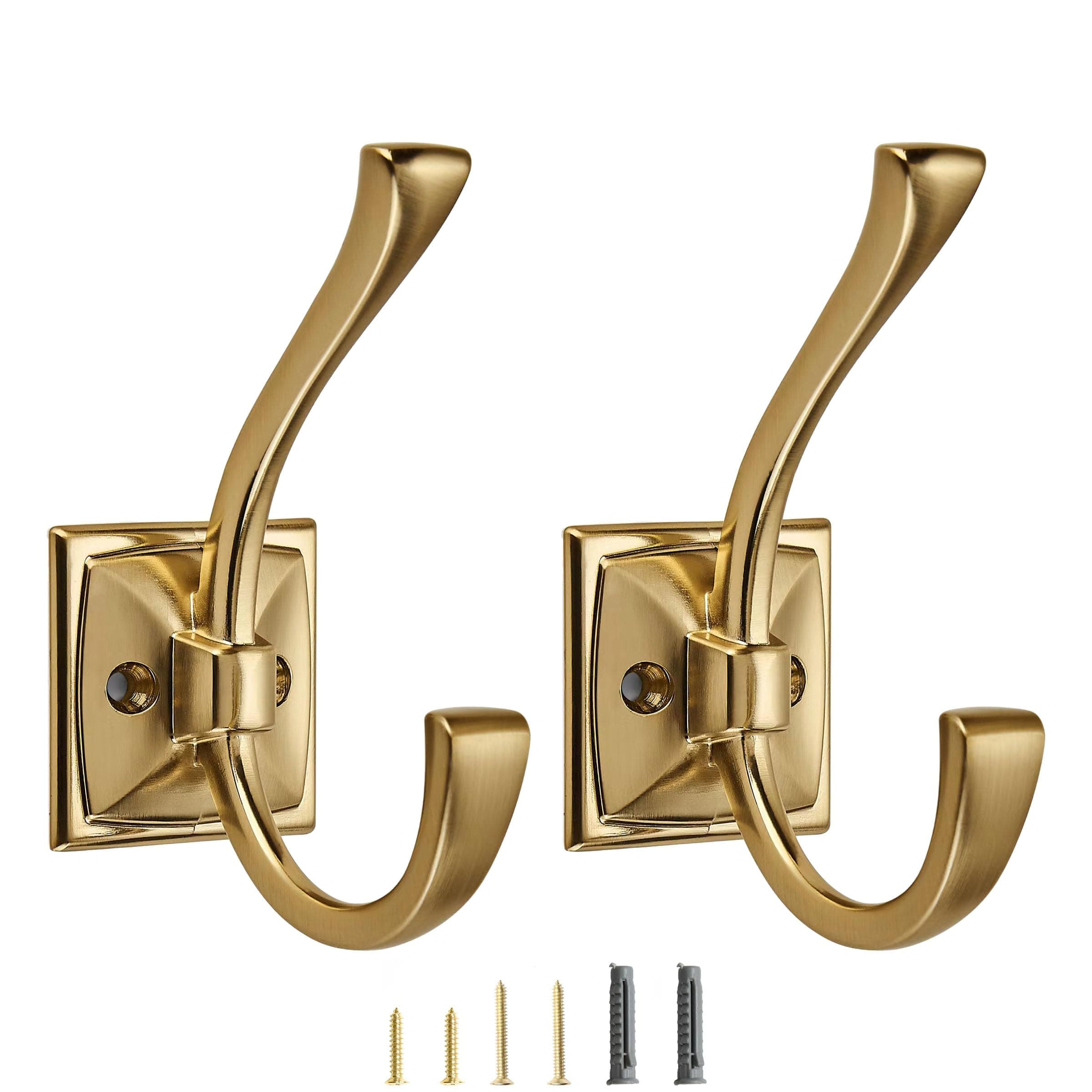 2 Pack Decorative Heavy Duty Towel Hooks for Hanging Robe Double Champagne Bronze Coat Hooks Wall Mounted with Screws for Key, Towel, Bags, Cup, Hat
