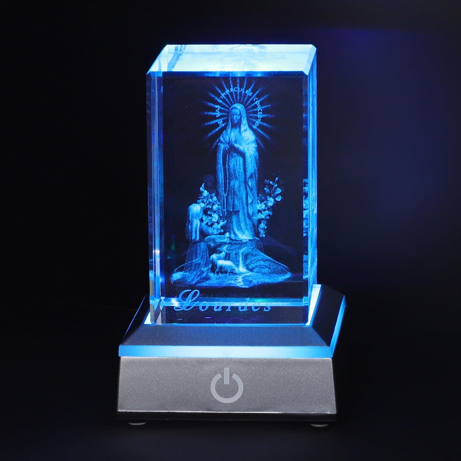 3D Crystal Figurine Statue with LED Light Base, Laser Engraved Our Lady of Lourdes Statues Praying Blessed Virgin Mother Mary Figure Catholic Religious Home Decor