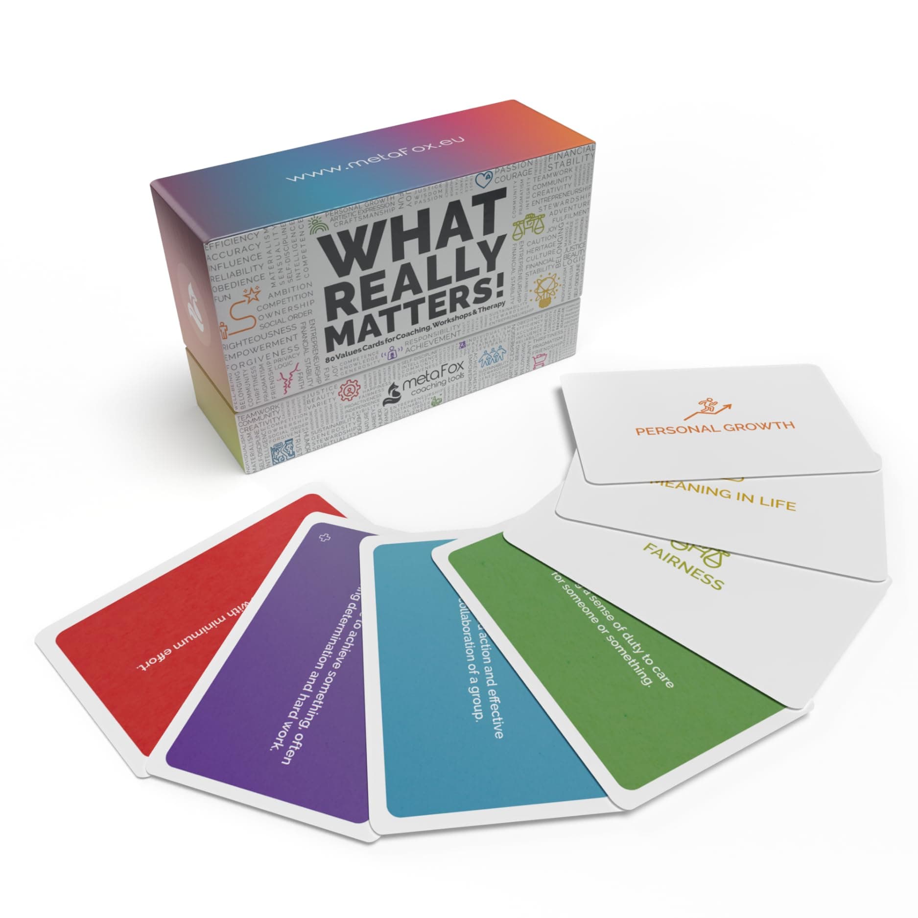 metaFox What Really Matters! | 80 values cards for coaching, workshops & therapy | Premium-quality coaching cards to discover, prioritize & live by what matters most to you