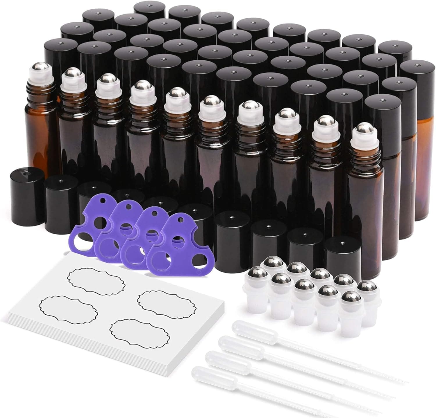 ULG Essential Oil Roller Bottles 48 Pack 10 ml Amber Glass Empty Perfume Bottles with Stainless Steel Roller Balls (10 extra balls, 4 Openers, 4 Droppers, 48 Waterproof Labels)