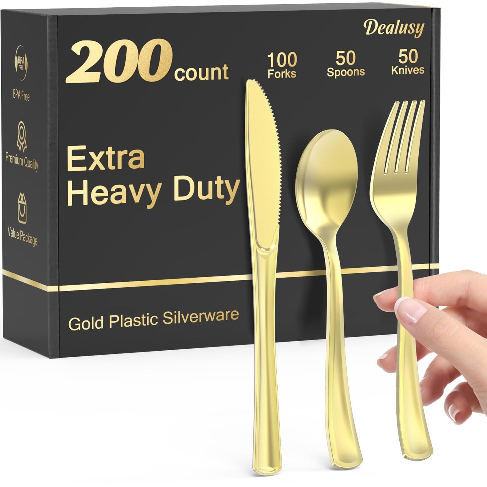Dealusy 200 Count Heavy Duty Gold Plastic Silverware, 100 Forks, 50 Spoons, 50 Knives, BPA-Free, Heat Resistant, Disposable Plastic Utensils Set Cutlery Set, Plasticware Bulk