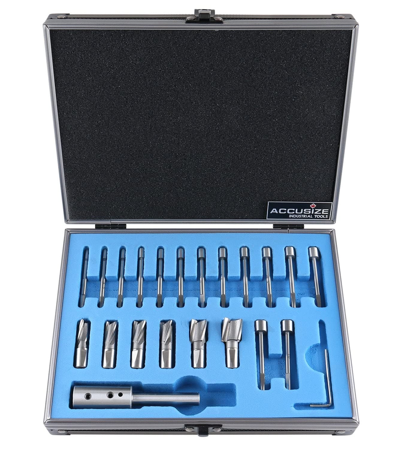 Accusize Industrial Tools 21 Piece Metric H.S.S. Interchangeable Pilot Counterbore Set, Straight Shank, 8.5-16.5 mm, 3620-0122