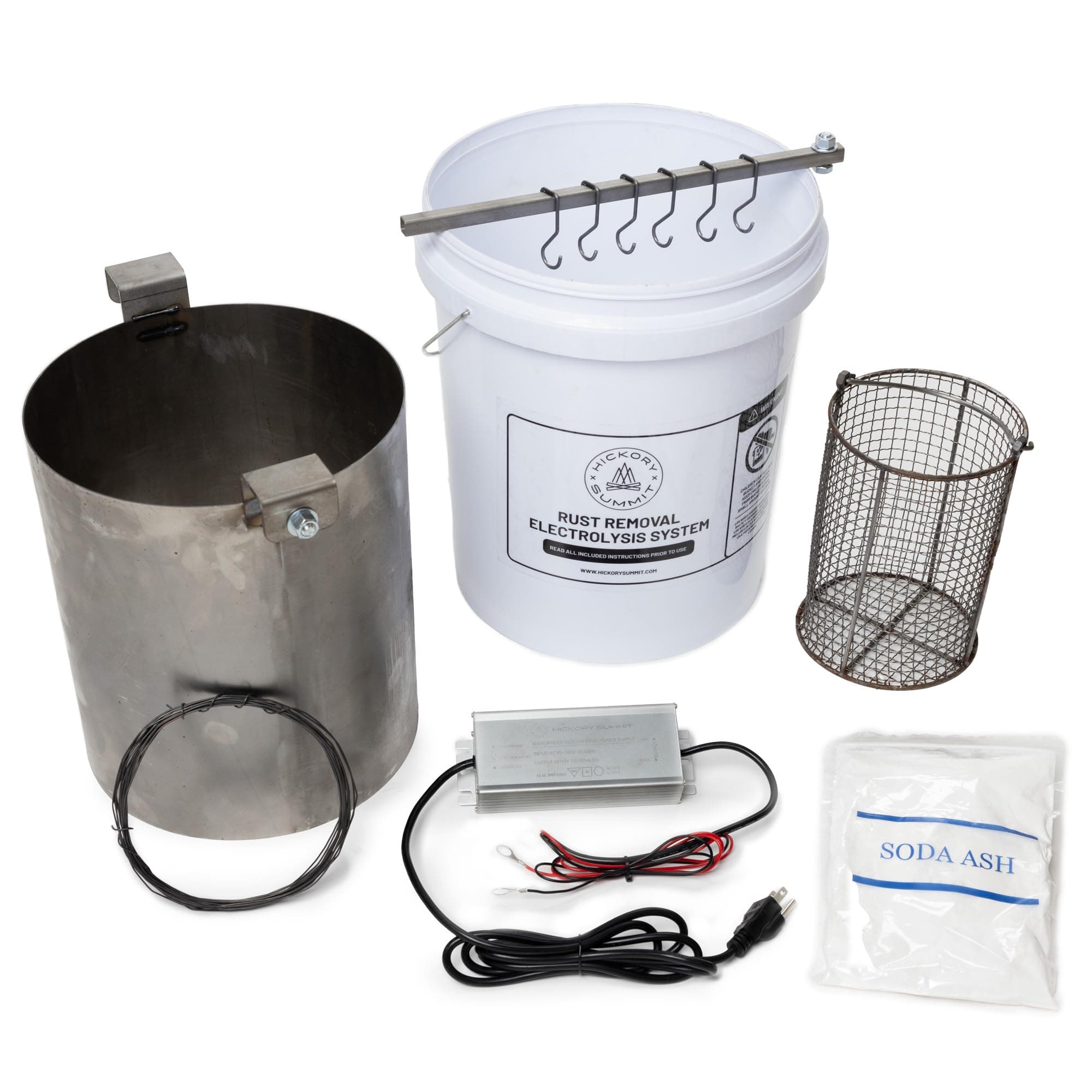 Electrolysis Kit Rust Remover for Metal – Gentle DIY Rust Removal for Cast Iron & Steel – Better Than a Ultrasonic Cleaner - Complete Set - Bucket, Steel, Rod, Hooks, Basket, & More by Hickory Summit