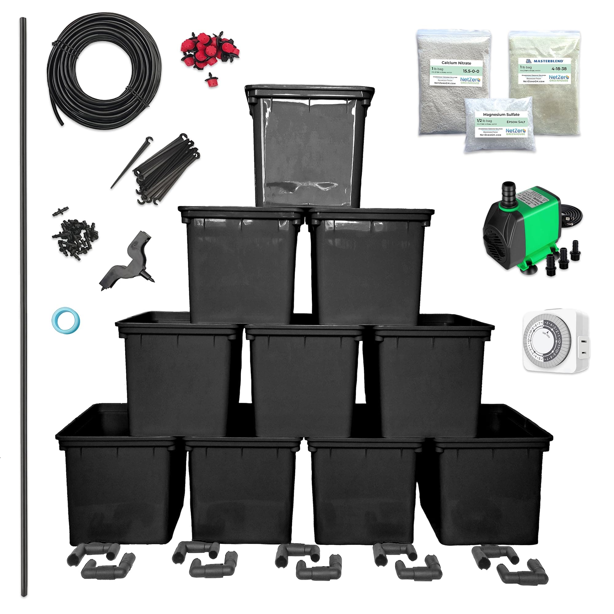 Hydroponic Dutch Bucket System - Complete Kit with 10 Buckets + Accessories (Black)