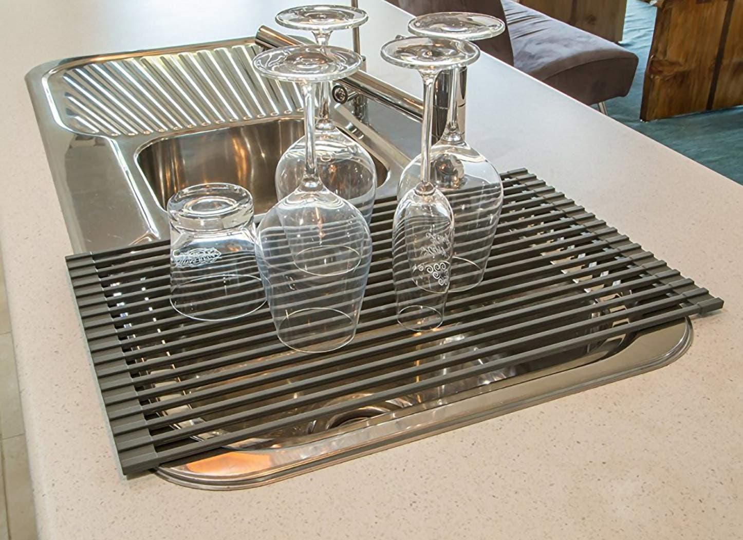 Ahyuan Large Roll up Dish Drying Rack 20.5'' Silicone Over Sink Dish Drying Rack Cubic Silicone Wrapped Steel Solid Bars Dish Racks for Kitchen Counter Sink Drying Rack (Dark Grey, Large20.5"Lx13"W)