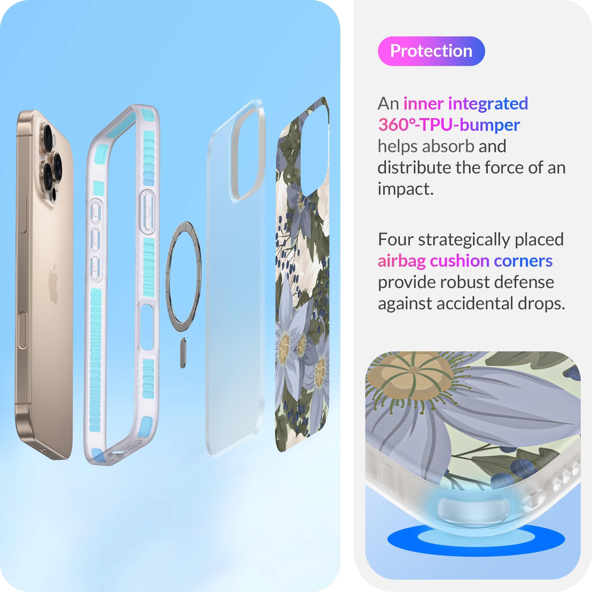 LONLI Hue - Magnetic Case for iPhone 16 Pro Max - [Compatible with Magsafe] - [360° Shock-Absorbent Bumper] - [Cute and Unique Phone Cover for Girls and Women] - Blue Flower