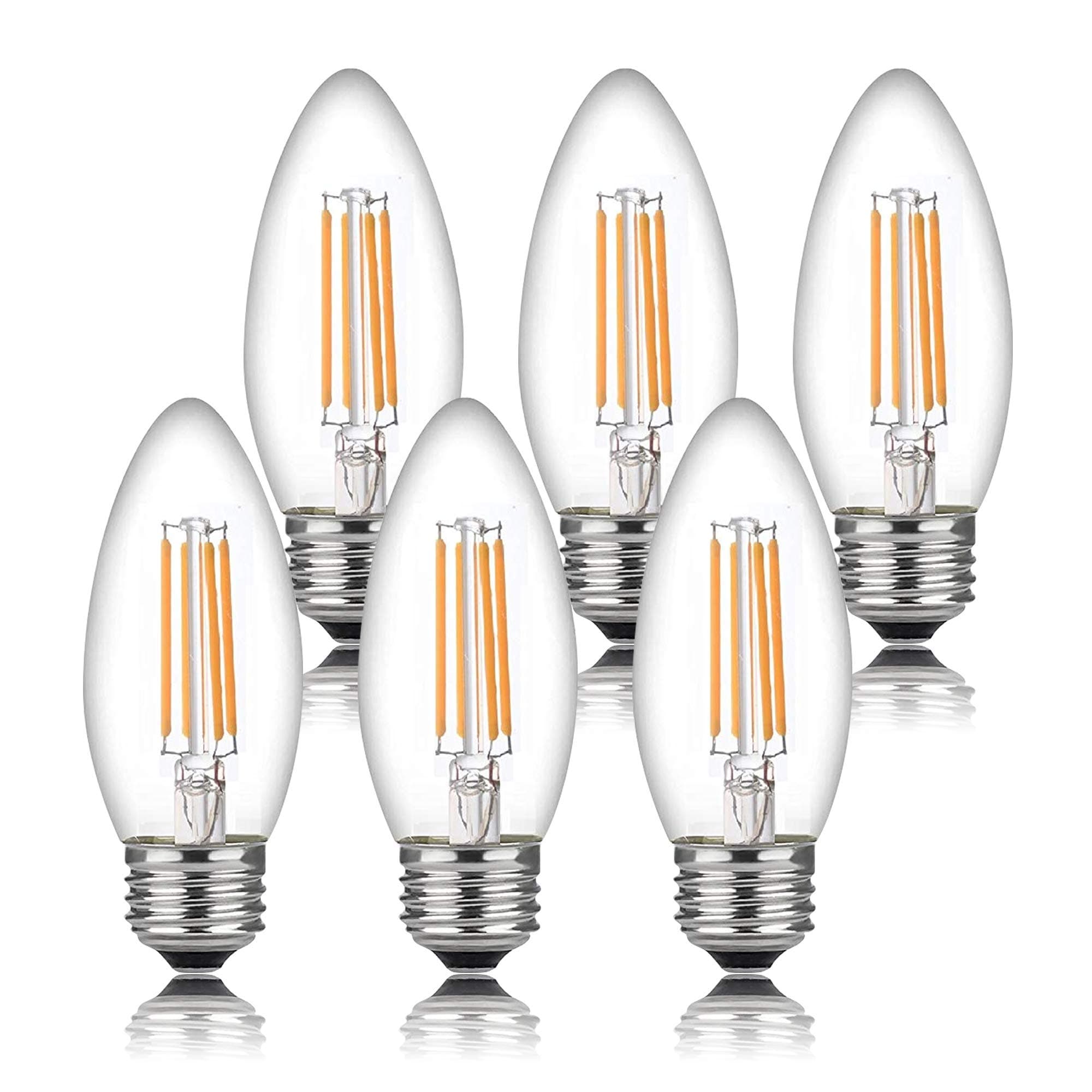 93 CRI Dimmable Filament Candelabra Light Bulbs | E26 Base C37 | Clear LED Candle Lights (Uses only 5W) | Energy Efficient 6-Pack | 60W Equivalent LED Light Bulbs
