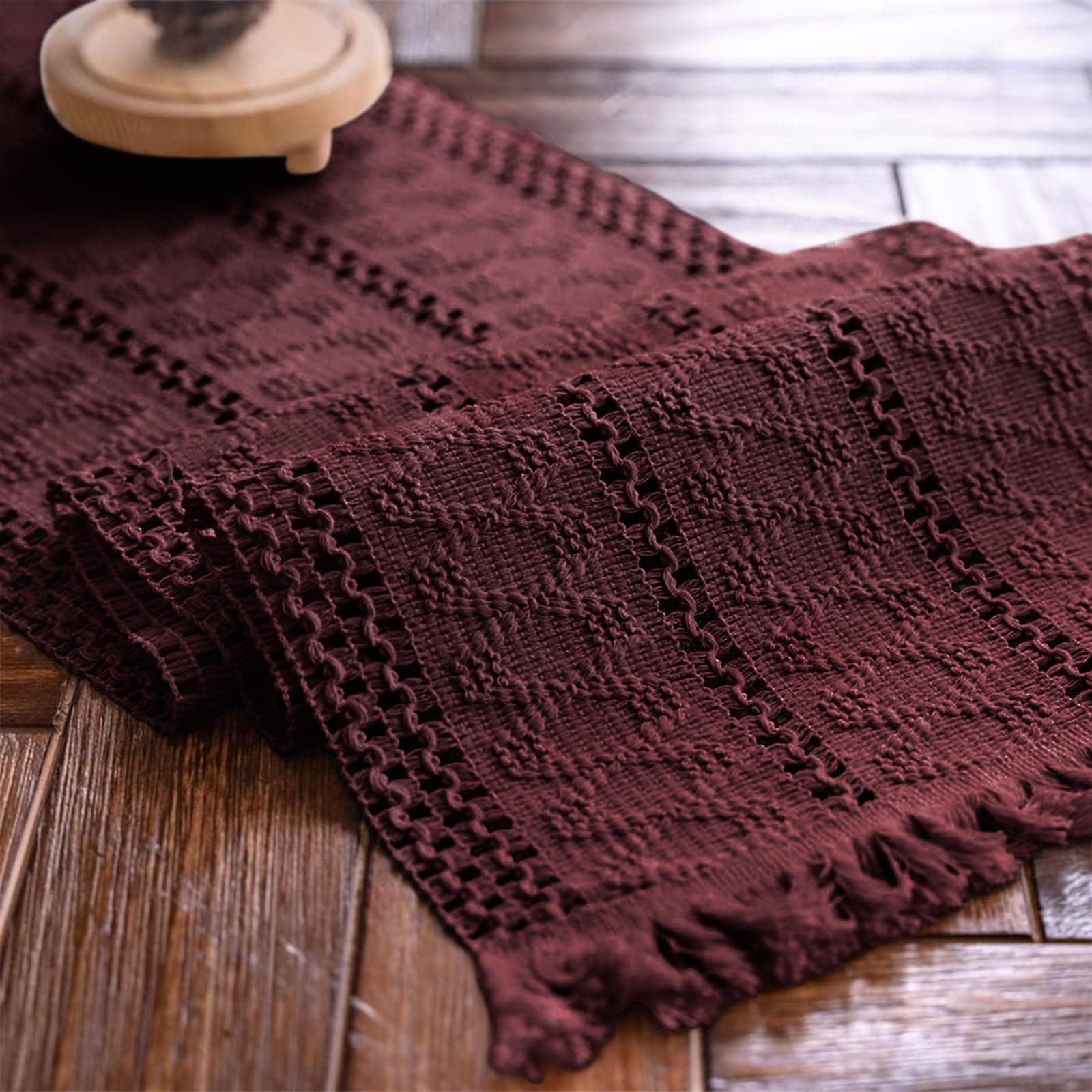 Alynsehom Macrame Table Runner Burgundy Boho Table Runners with Tassels Hand Woven Cotton Table Runner Rustic Farmhouse Table Runners for Bohemian Kitchen Dining Table(12x60in)