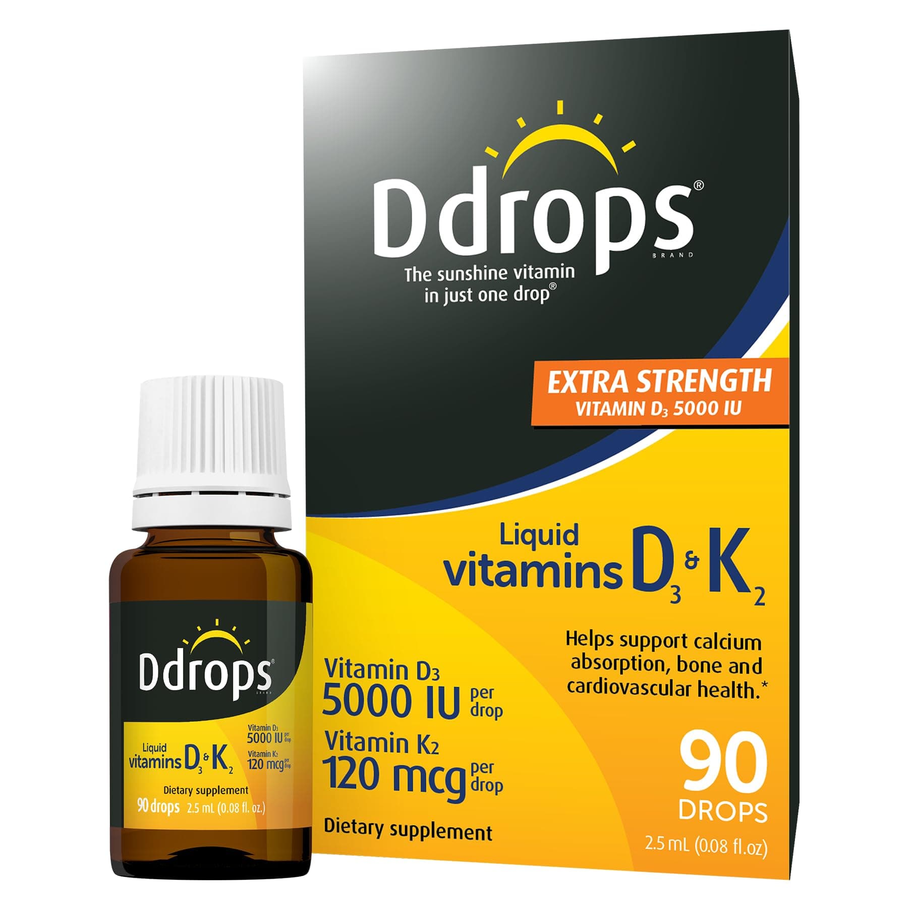Ddrops Extra Strength 5000 IU Vitamin D3 + K2 90 Drops - Liquid Vitamin D3 & ...