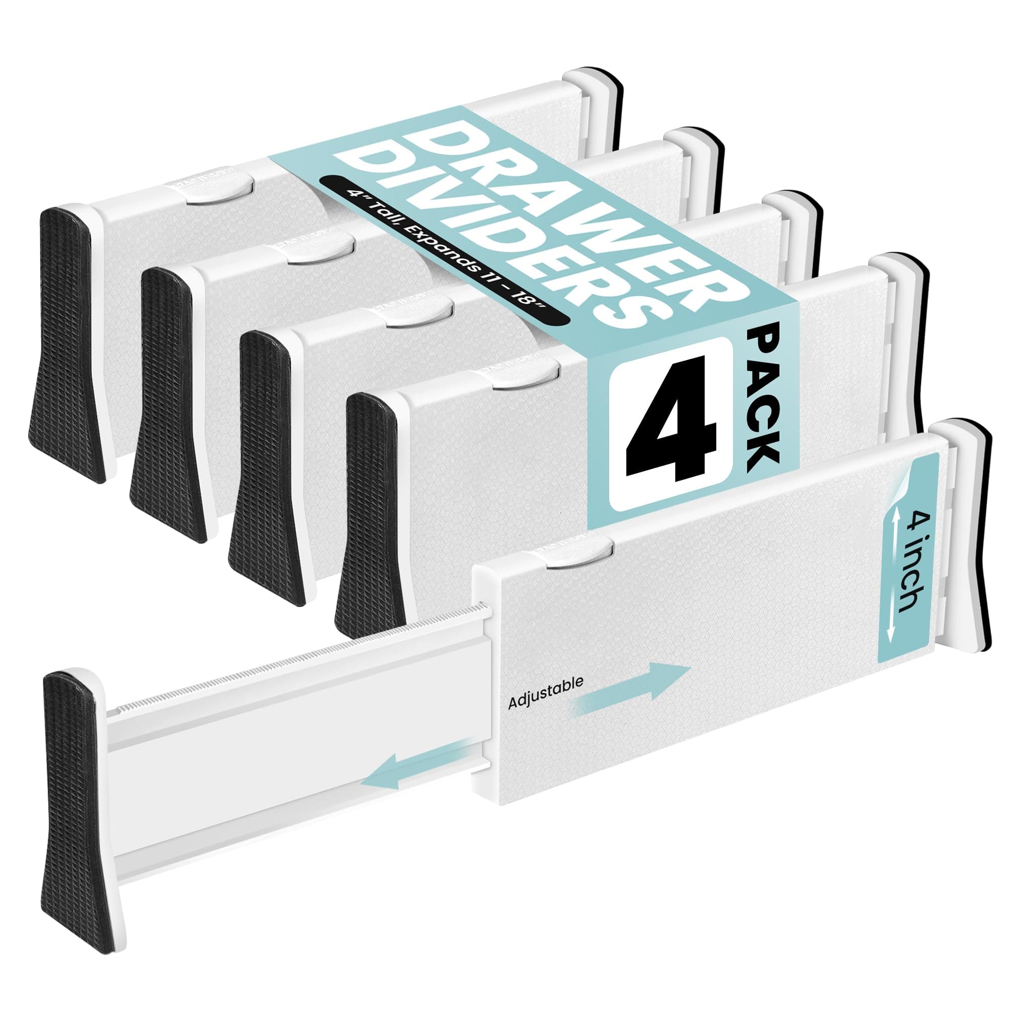 RAPTUROUS Adjustable Drawer Dividers 4 Pack, 4” High, 11-17” Long, Dresser Drawer Divider for Bedroom, Closet, Kitchen, Nursery Organization, Office, Strong & Sturdy Hold, Soft Foam Edges(White)
