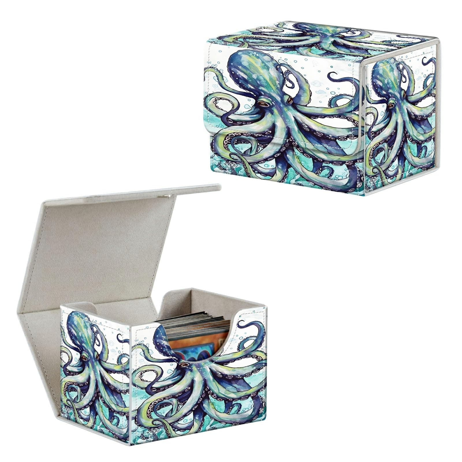 Octopus Card Deck Box Organizer, 100+ Sleeved Cards Deck Case For Trading Cards, Leather Magnetic Closure Commander Deck Box Holds Magnetic Card Storage Box Fits for MTG TCG CCG