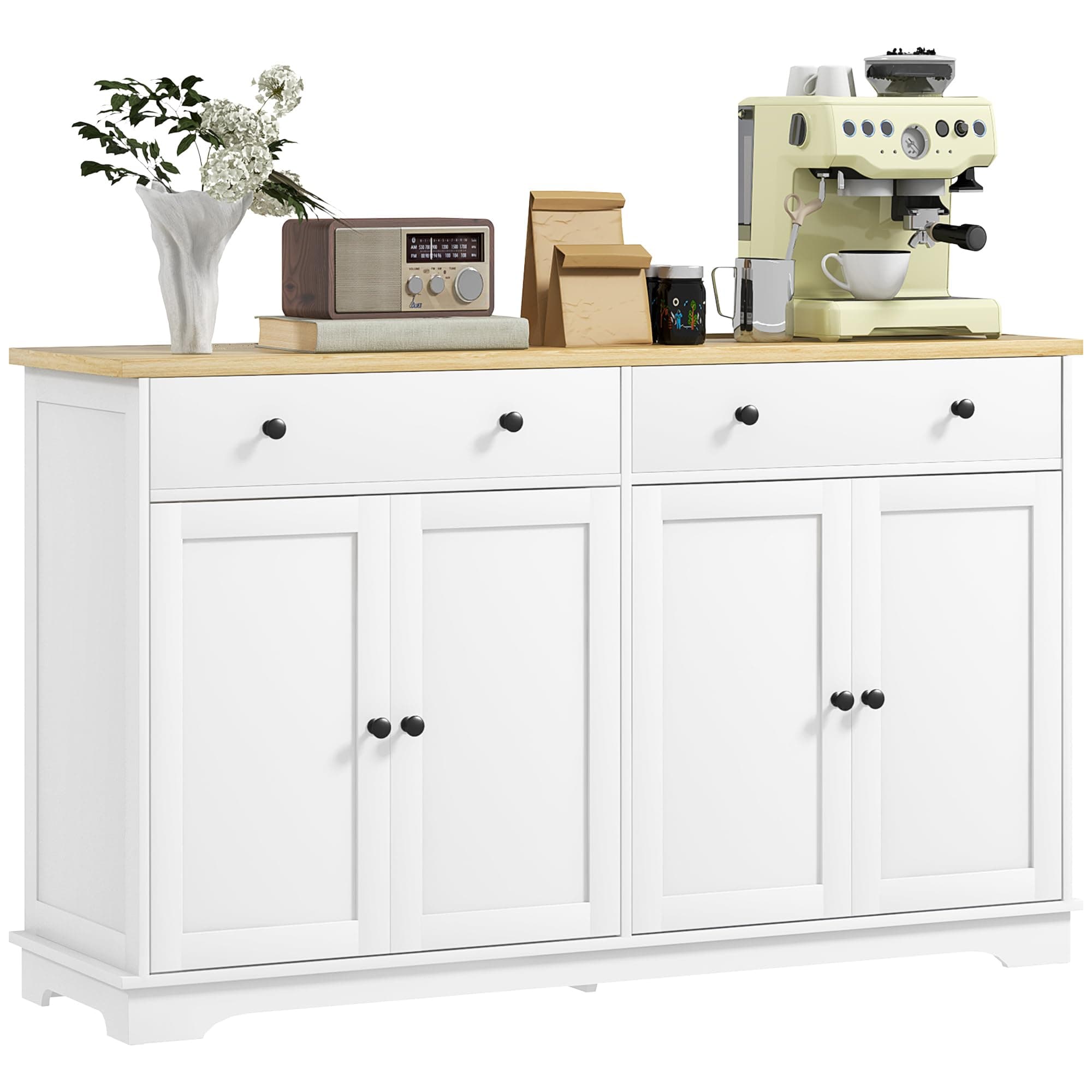 Sideboard Buffet Cabinet with Storage, 55" Modern Kitchen Cabinet with 4 Doors, 2 Drawers and 2 Adjustable Shelves, Coffee Bar Cabinet, White