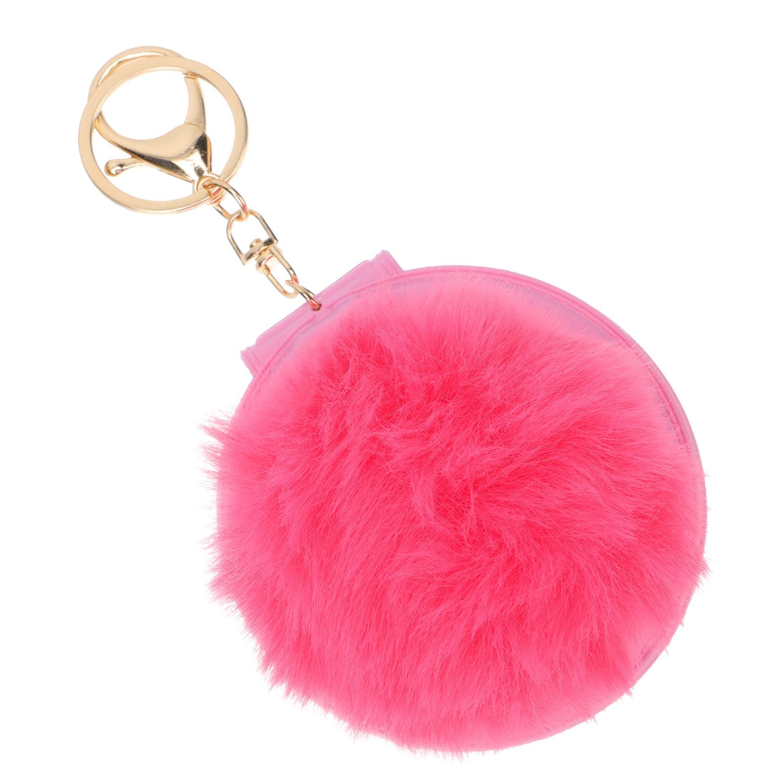 Mini Plush Ball Makeup Mirror Keychain, Double-sided Pvc Compact Mirror with Pink and Gold Keyring, Portable Travel Accessory for Women