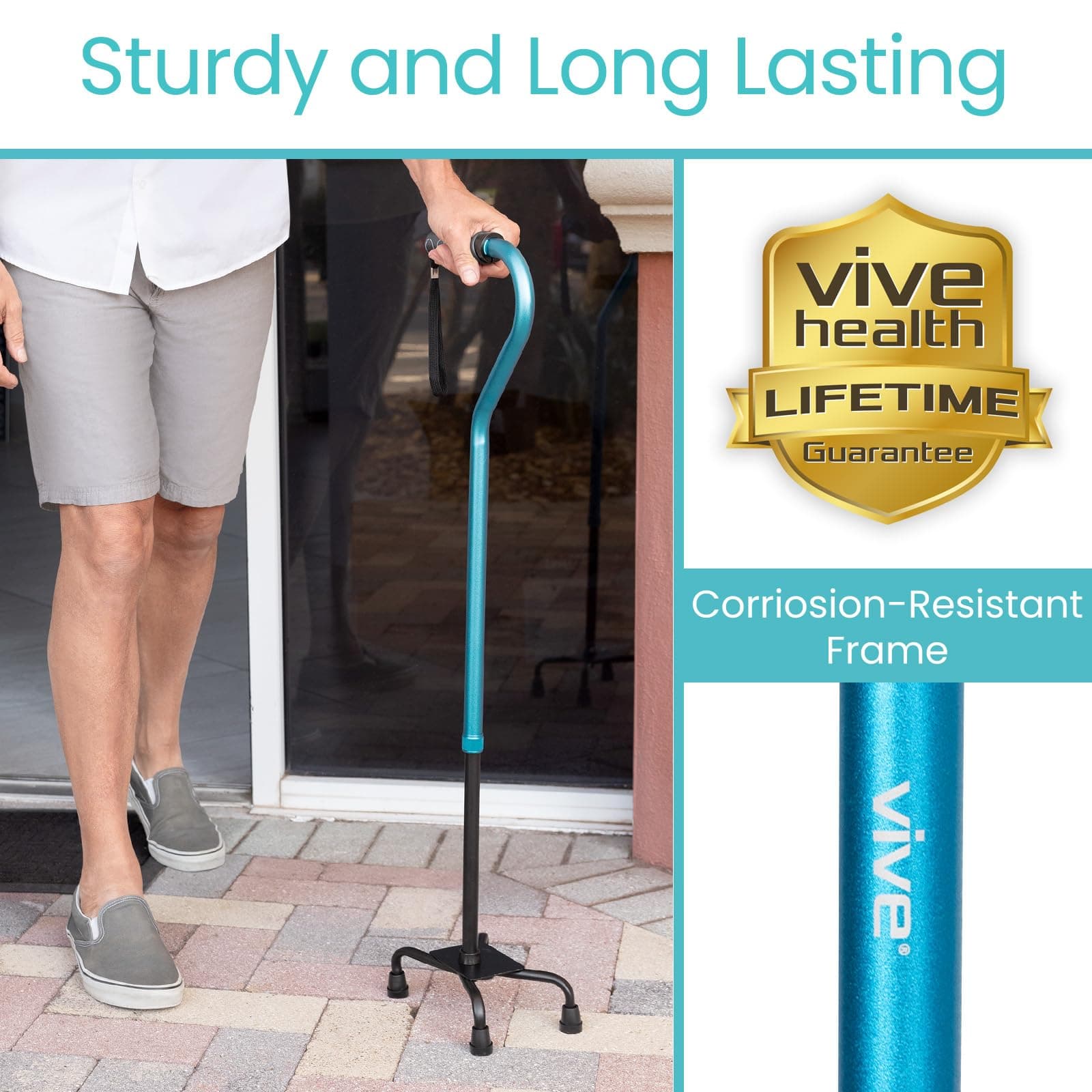 Vive Quad Cane Walking Stick Lightweight Adjustable Staff Comfortable Right And Left Hand Grip For Stability Support Four Prong Sturdy Aluminum Travel Aid 4 Tip One Size Blue