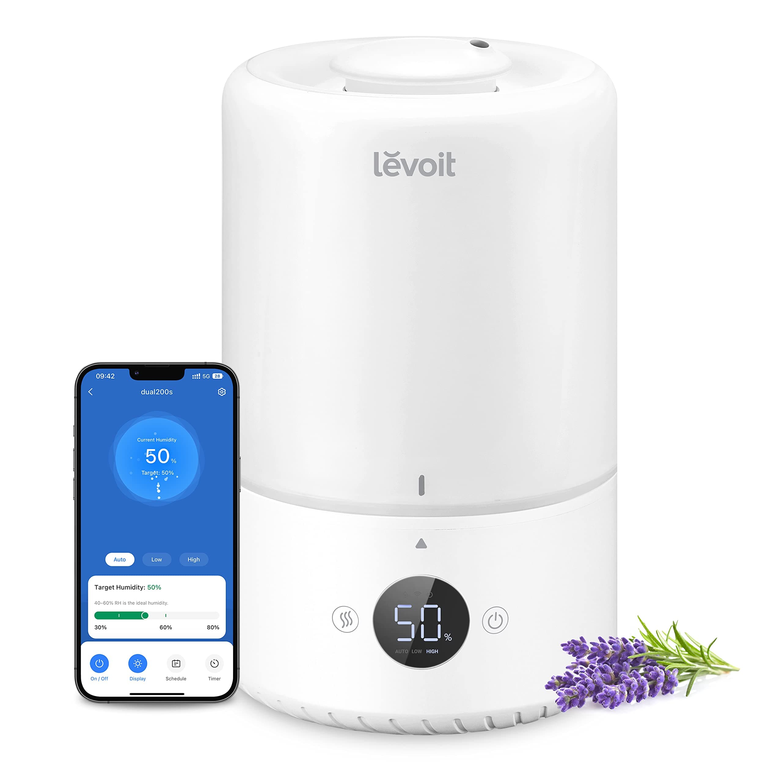 LEVOIT Smart Cool Mist Top Fill Humidifiers for Bedroom with Sensor, Auto Humidity Setting, APP & Voice Control, Essential Oil Diffuser, Ultra Quiet Operation, Super Easy Top Fill, 3L, White