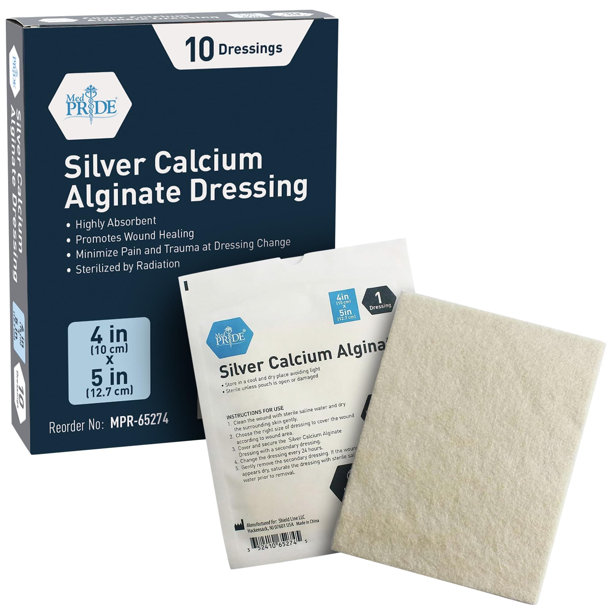 MED PRIDE Silver Calcium Alginate Wound Dressing, 10-Pack | Highly Absorbent, Nonstick, Seaweed, Easy Removal (4'' x 5'' Silver)