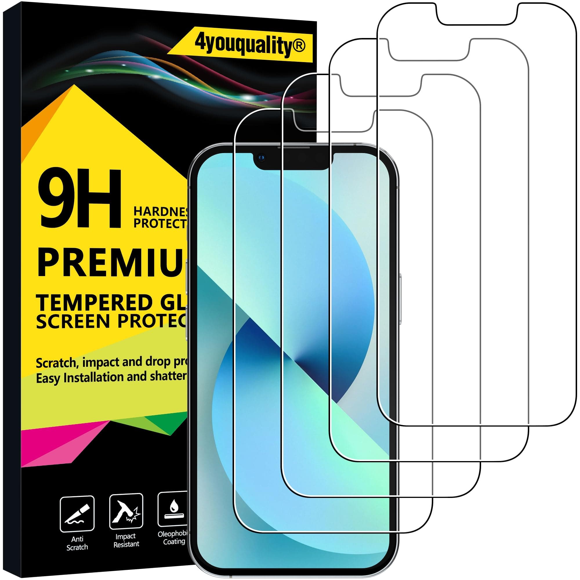 4youquality [4-Pack Screen Protector for iPhone 13 Mini (5.4-Inch), Tempered Glass Film, [LifetimeSupport][Anti-Shatter][Anti-Scratch][Impact-Protection]