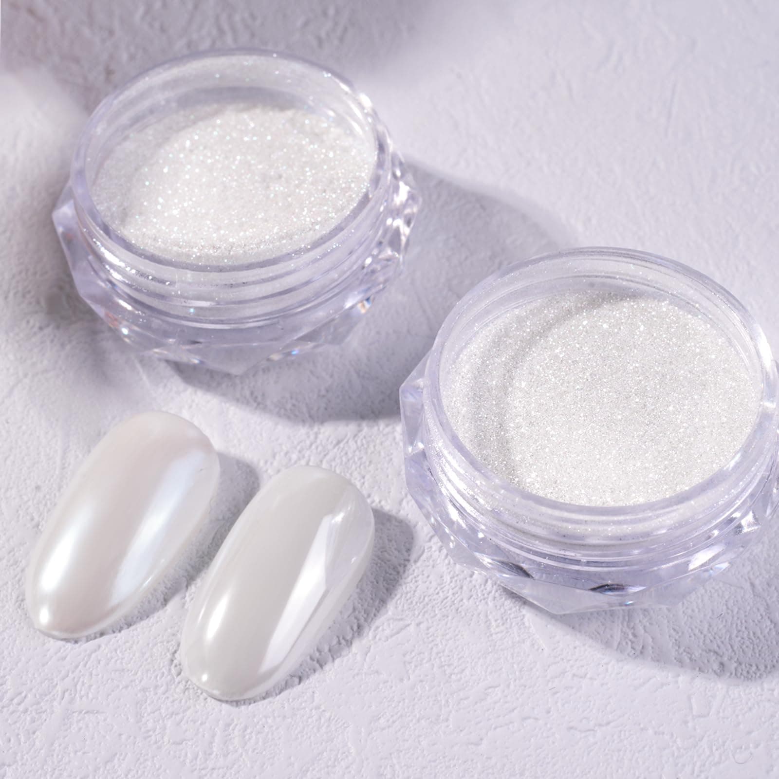 PrettyDiva Pearl Chrome Powder, 2pc Super Glossy Mirror Effect White Pearl Chrome Nail Powder Pearl Magic White Moonlight Powder for Nails