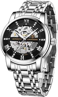 Mens Watch Skeleton Luxury Mechanical Stainless Steel Waterproof Black Automatic Self-Winding Roman Numerals Diamond Dial Wrist Watch
