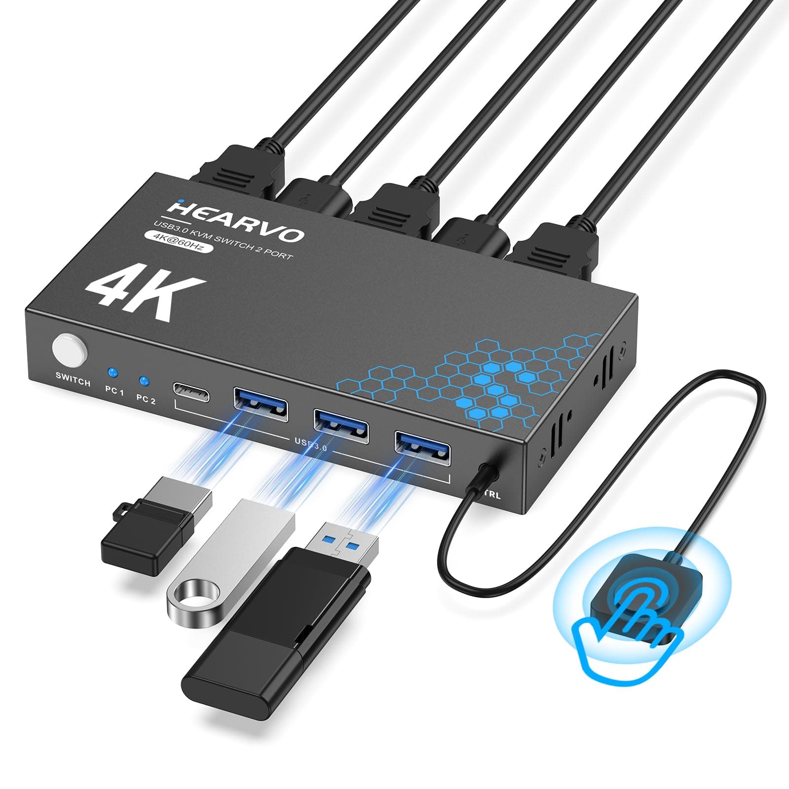 USB 3.0 HDMI KVM Switch 1 Monitors 2 Computers 4K@60Hz KVM for 2 Computers, Sharing, Monitor, Keyboard, Mouse, Hard Drives, Printer, with EDID Adapter, 2USB Cable and Driver