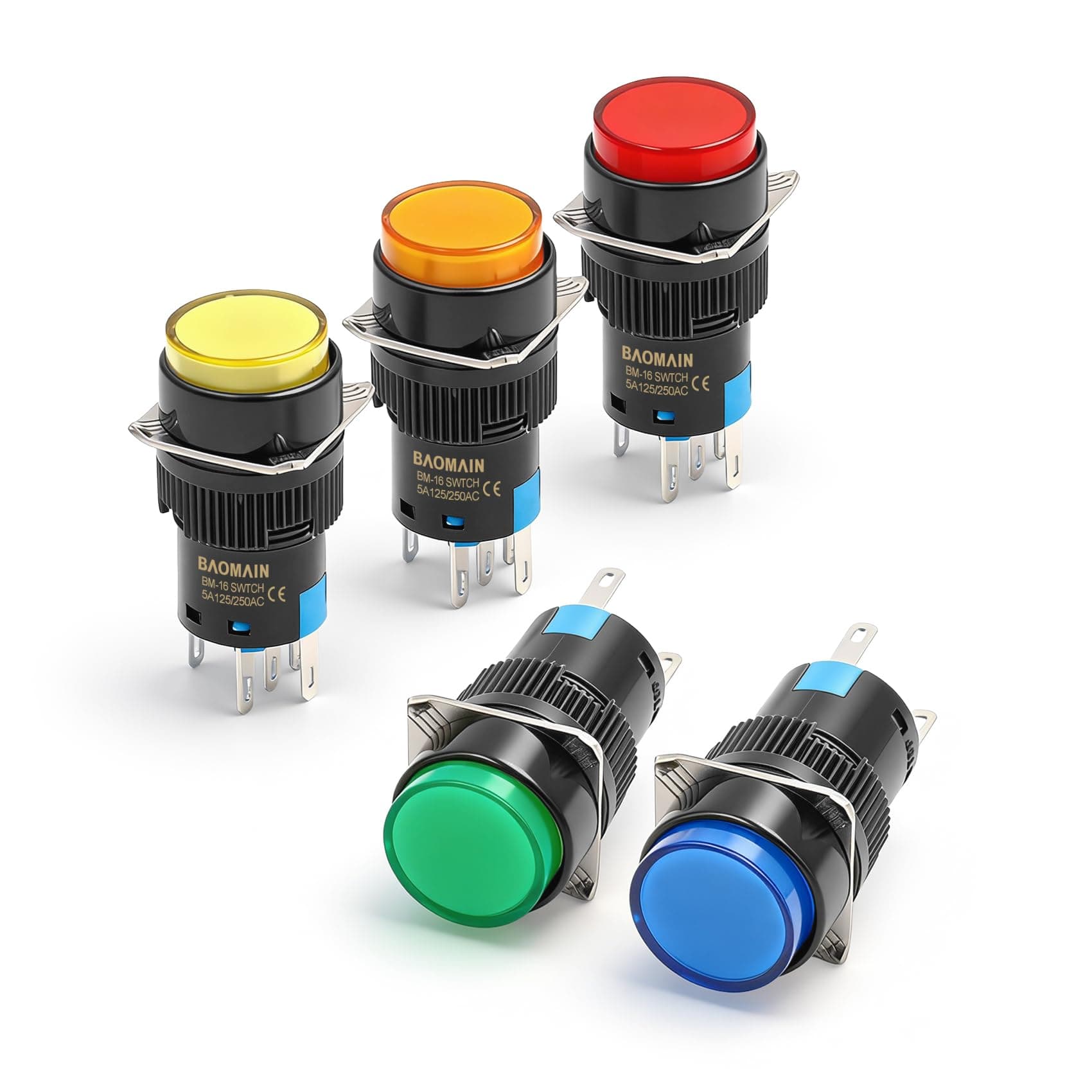 5-Pack 16mm (5/8") 24V DC Momentary Push Button Switch with LED,5-Colors (Red,Yellow,Orange,Blue,Green) Round Cap,5-Pin SPDT 1NO+1NC,5A 250V AC