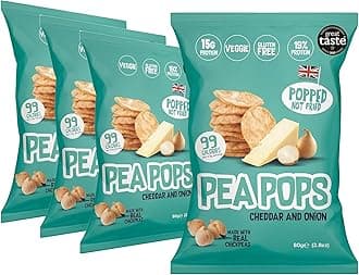 Pea Pops Healthy Protein Chips - 15g Protein Delicious Chikpea Crisps Less Fat, Low Calorie, Gluten Free, Vegan Protein Snacks, Popped (Not Fried) 80g (PACK OF 4, Cheddar & Onion 80g)