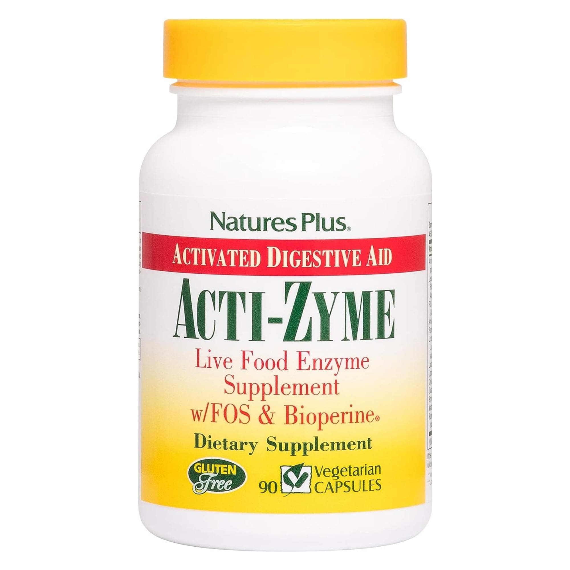 Nature's Plus Activated Digestive Aid Acti-Zyme, 90 Capsules - Live Food Enzyme Supplement W/Fos & Bioperine, For Maximum Absorption Of Nutrients
