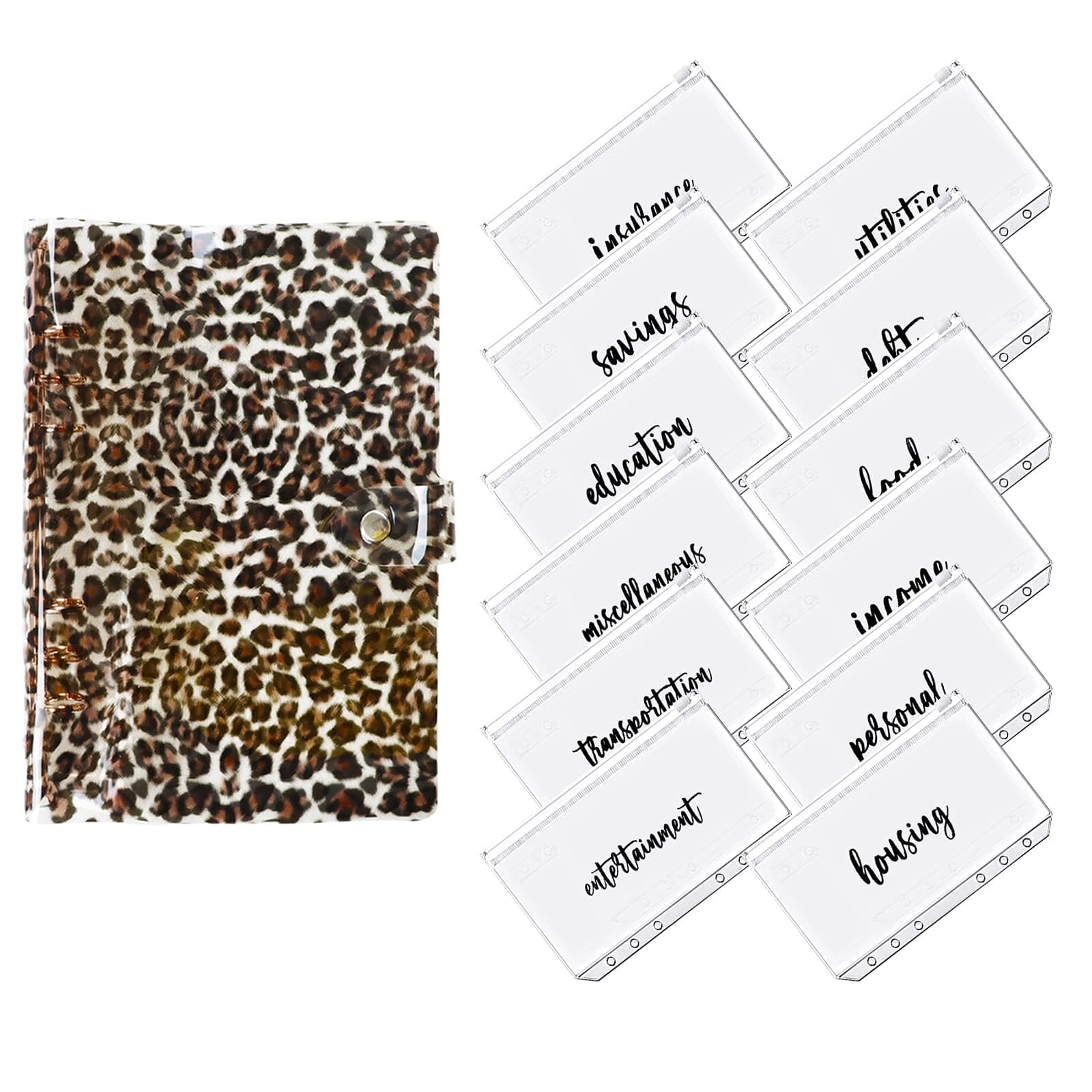 Chris.W Leopard A6 Binder Cover 12 Clear Binder Pockets and 12 Envelope Labels, Budget Binder with Zipper Cash Envelopes & Stickers for Budgeting, 6 Ring Budget Saving Planner Organizer Wallet