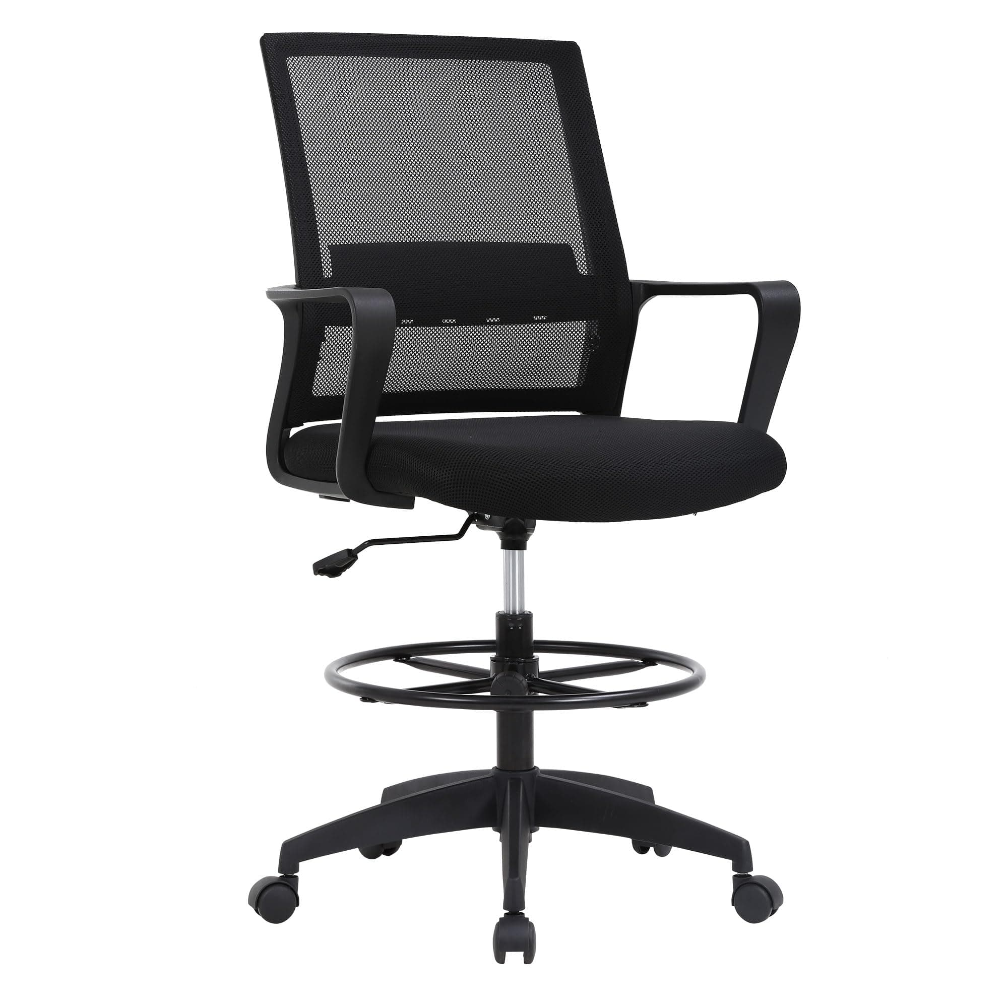 Drafting Chair Tall Office Chair Adjustable Swivel Rolling Mesh Height with Lumbar Support Arms Footrest Mid Back for Adults Standing Desk Drafting Stool(Black)