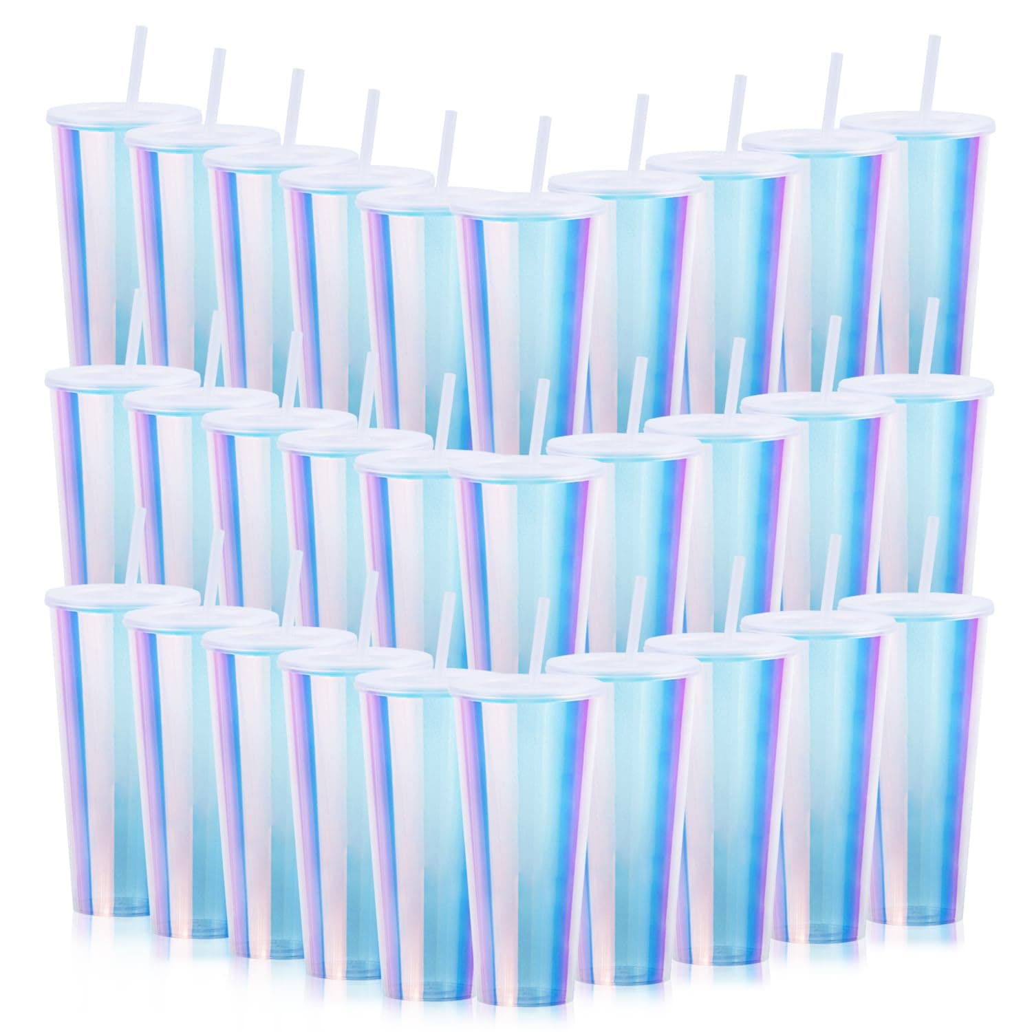 30 Pack Iridescent Plastic Cups with Lids and Straws, 24 oz Disposable Plastic Tumblers Iced Coffee Cups Travel Mug Cup for Juices Birthday Bachelorette Party Wedding (Iridescent,24 oz)