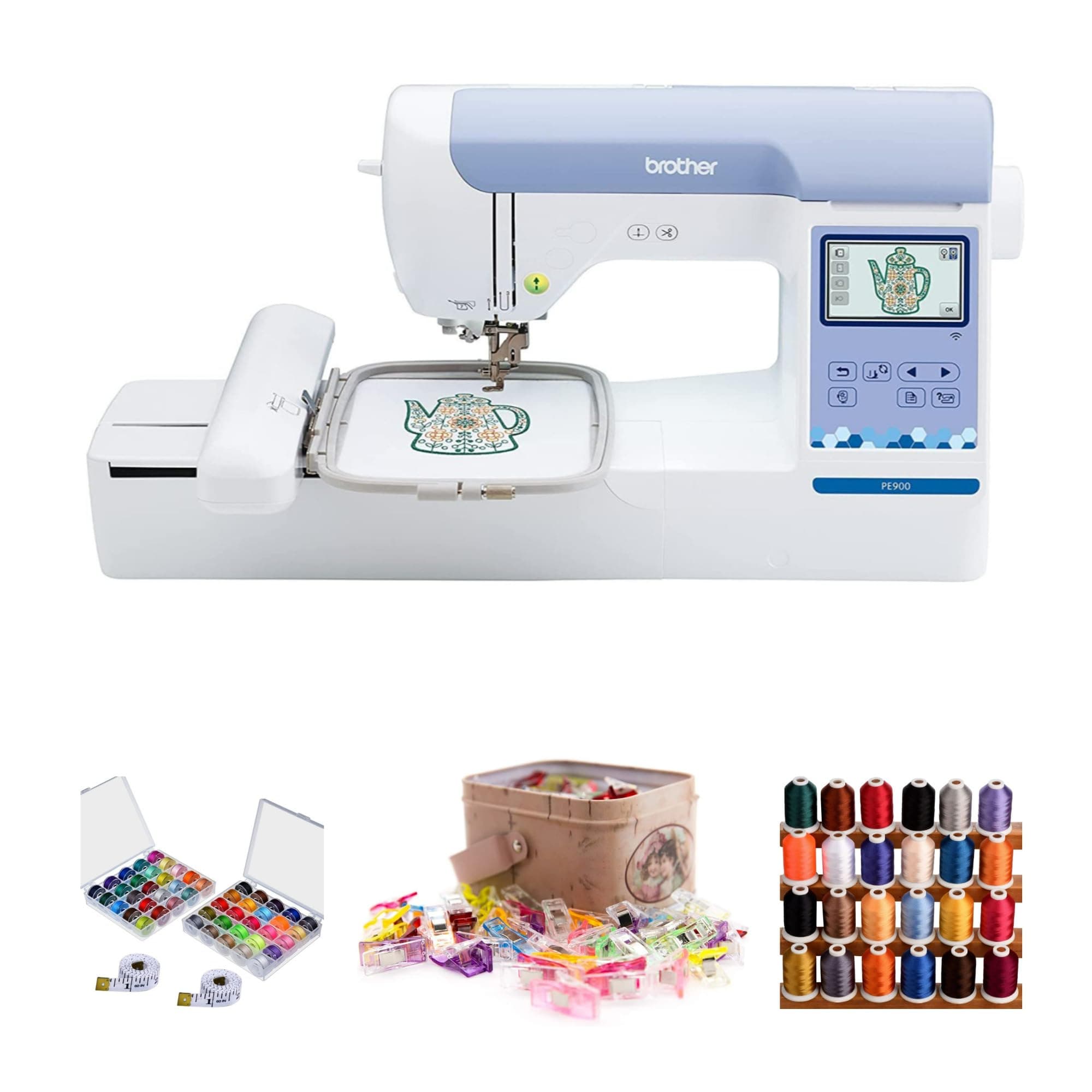 Brother Elite PE900 Large Embroidery Machine with Wireless LAN Connection with Sewing Bundle (4 Items)