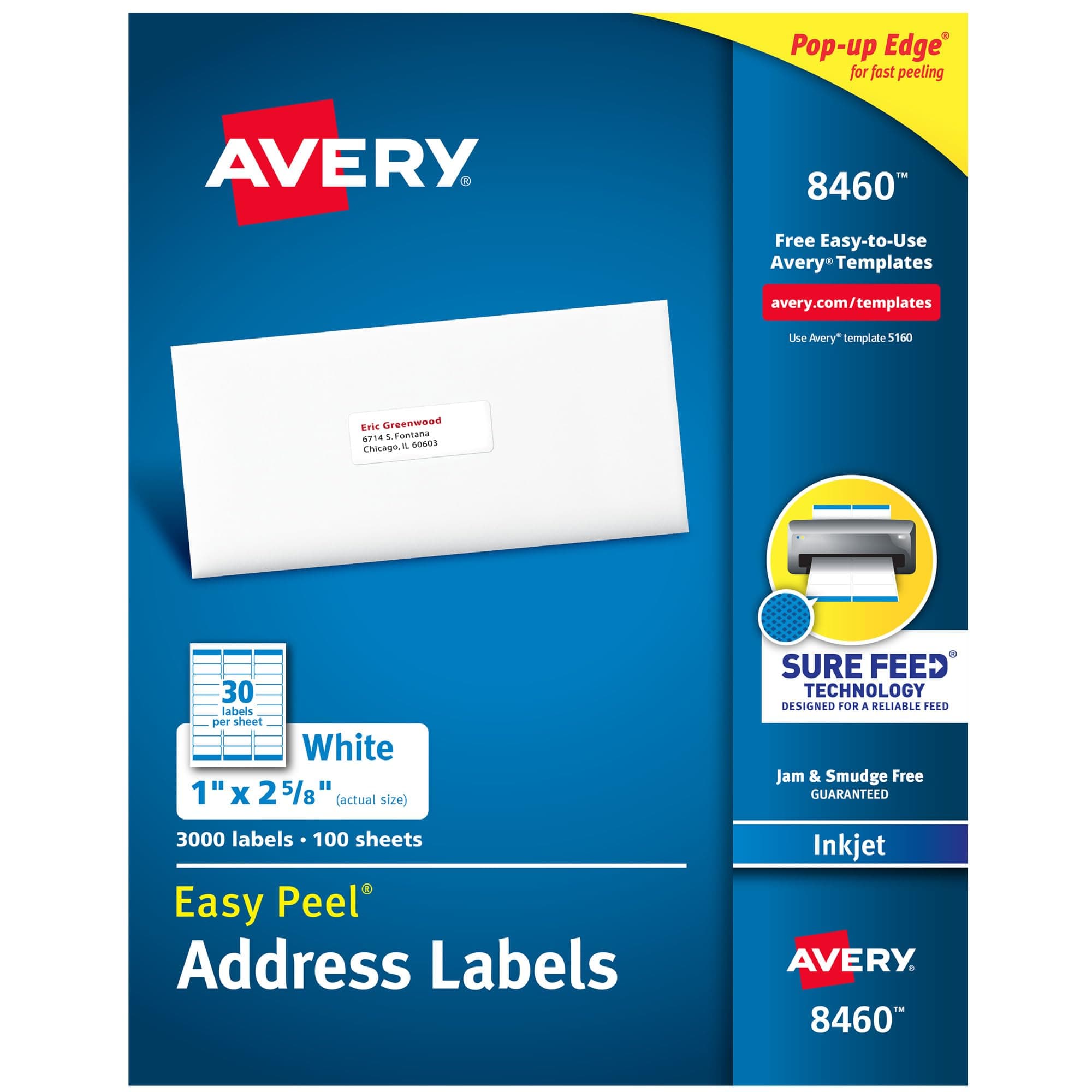 Avery Easy Peel Printable Address Labels with Sure Feed, 1" x 2-5/8" Customizable Stickers, White, 3,000 Blank Mailing Labels, Great for Mailing, Shipping, and More (8460)