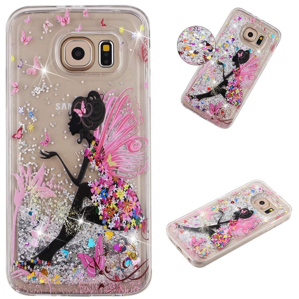 Miagon Liquid Silicone Case for Samsung Galaxy S7 Edge,Soft Glitter Shockproof Cover Floating Bling Sparkle Shiny Quicksand Liquid Clear Protective Case Phone Case Cover-Butterfly Girl
