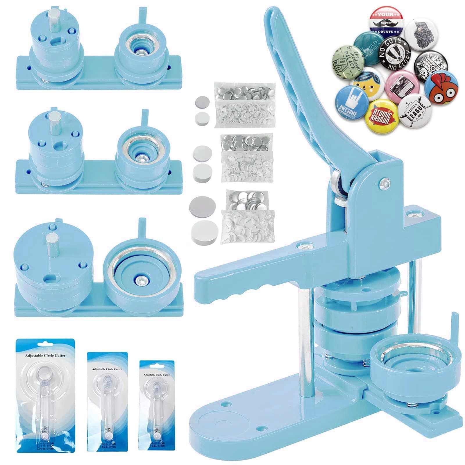 Pin Maker, Button Maker Machine, Pin Maker Machine Kit Includes 300Pcs Pins 25/32/58mm (1/1.25/2.25 inch), 3 Circle Paper Cutters, DIY Button Pin Maker, Button Badge Press Machine (Light Blue)